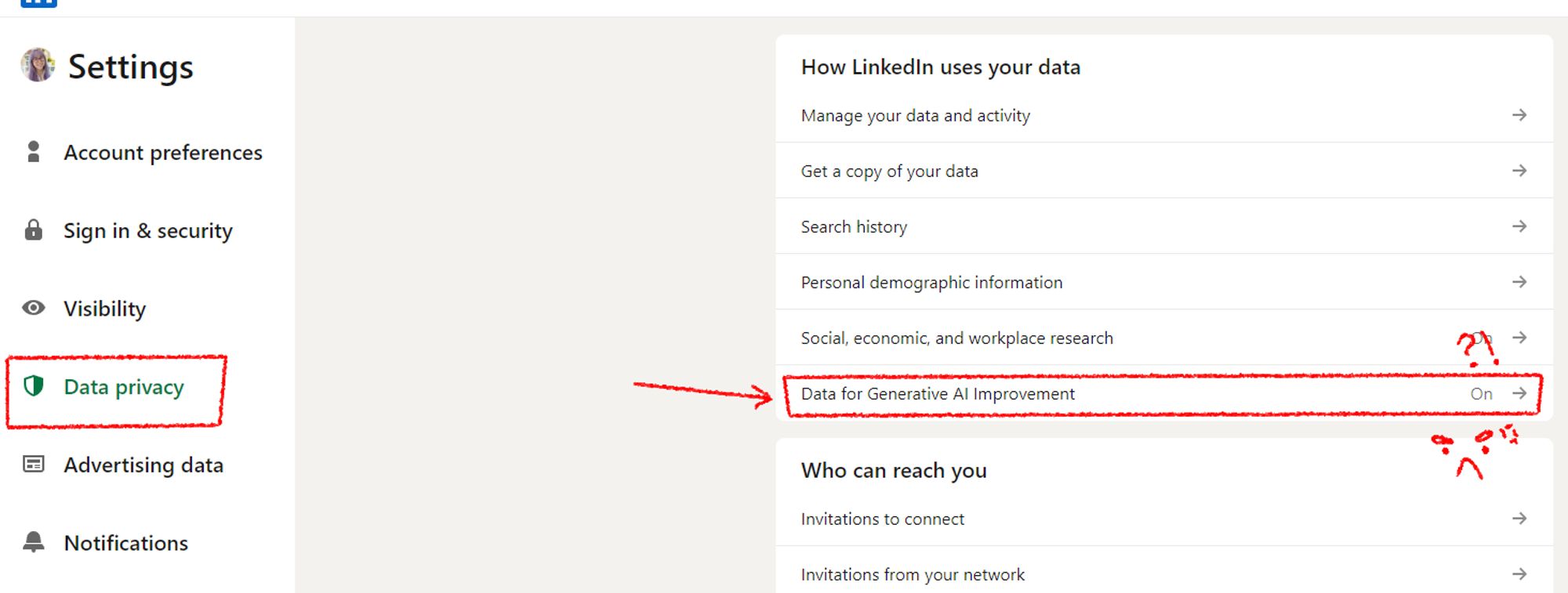 A screenshot of a portion of the LinkedIn Settings page. On the left column, the tab "Data privacy" is in a red box (added by Jenny in Paint). 

On the right, "Data for Generative AI Improvement" is turned on. Around "Data for Generative AI Improvement" is a red box and red arrow pointing to that section, and a doodled angry face and "?!"  (added by Jenny in paint).