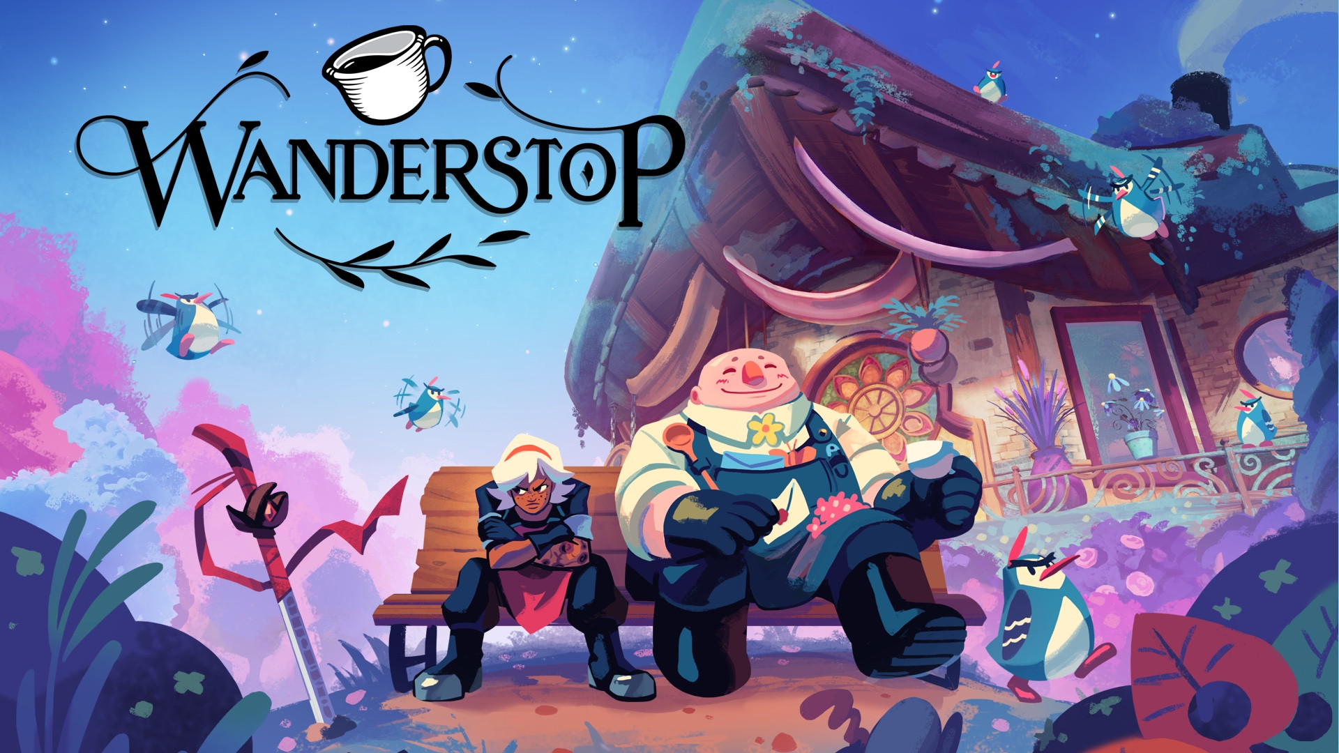 The key art for Wanderstop. 

It’s an illustration showing Alta and Boro sitting on a bench together in front of a whimsical looking tea shop. Alta has her arms crossed and she’s looking grumpily at a sword jutting out of the ground to her right. 

Boro is holding a letter and cup of tea, happily preparing to drink. Around them, pluffins (bird-like creatures) are flying and walking about. 