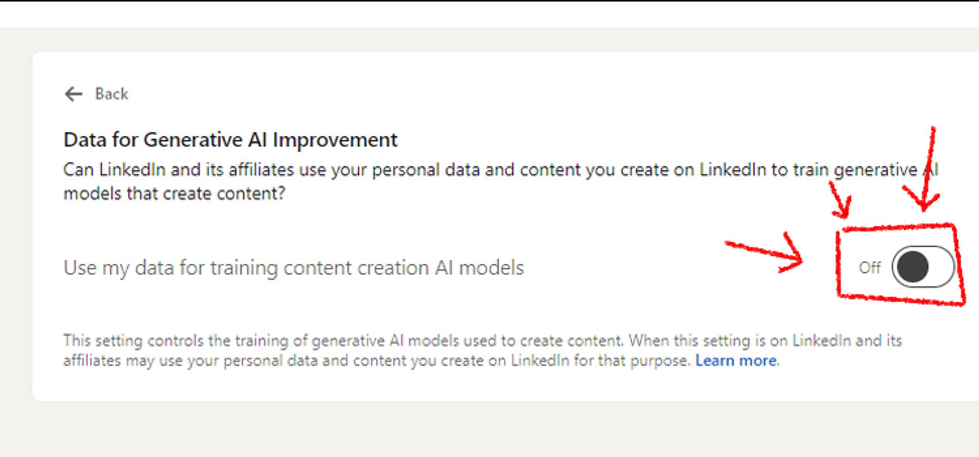 A screenshot of the "Data for Generative AI Improvement" section in Privacy settings of LinkedIn. 

Around the on/off toggle, which is turned "Off" is a doodled red box and arrows (added by Jenny in Paint), highlighting the place to opt out/remove consent for use.