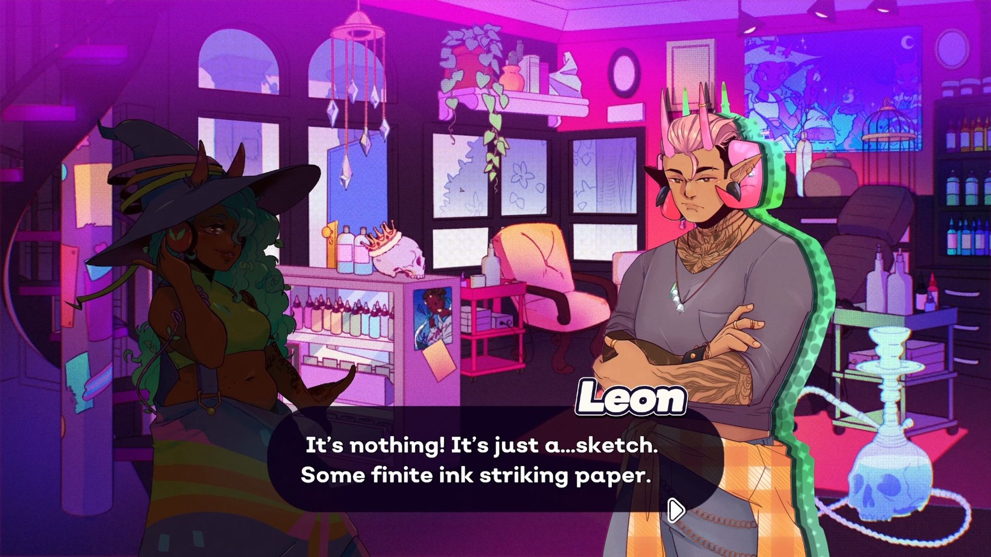 A screenshot from the game Spirit Swap: Lofi Beats to Match-3 To. It’s illustrated, and the background is of a tattoo parlor colored in rich purples, pinks, and some burgendy. Two characters — Samar and Leon — are on the screen in dialogue. Leon’s text says “it’s nothing! It’s just a sketch…some finite ink striking paper”