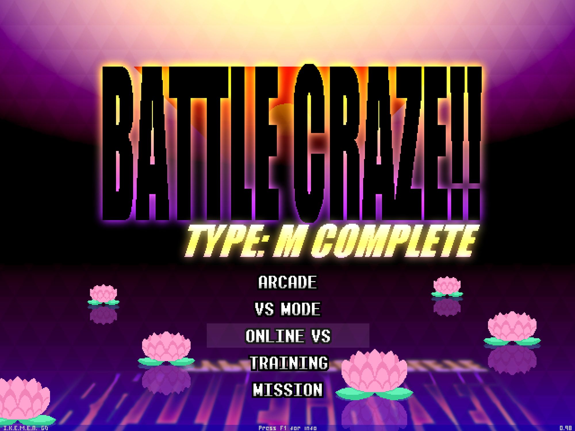 A title screen that says "BATTLE CRAZE!! TYPE: M COMPLETE" in front of a purple gradient background above a pool of lotuses