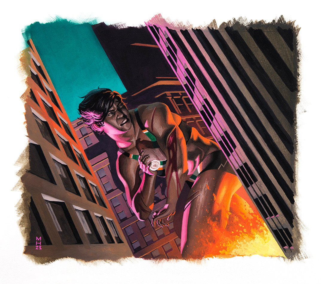 Original painting of a giant woman bandaging her wounded arm in a destroyed city at night as a fire rages below created for the Vigilant Lioness tabletop game