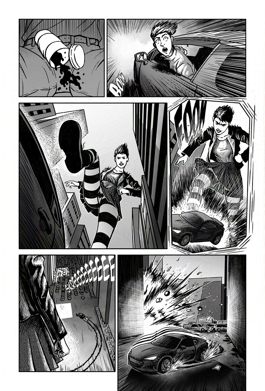 Black and white comic of a giant woman chasing a car through a city