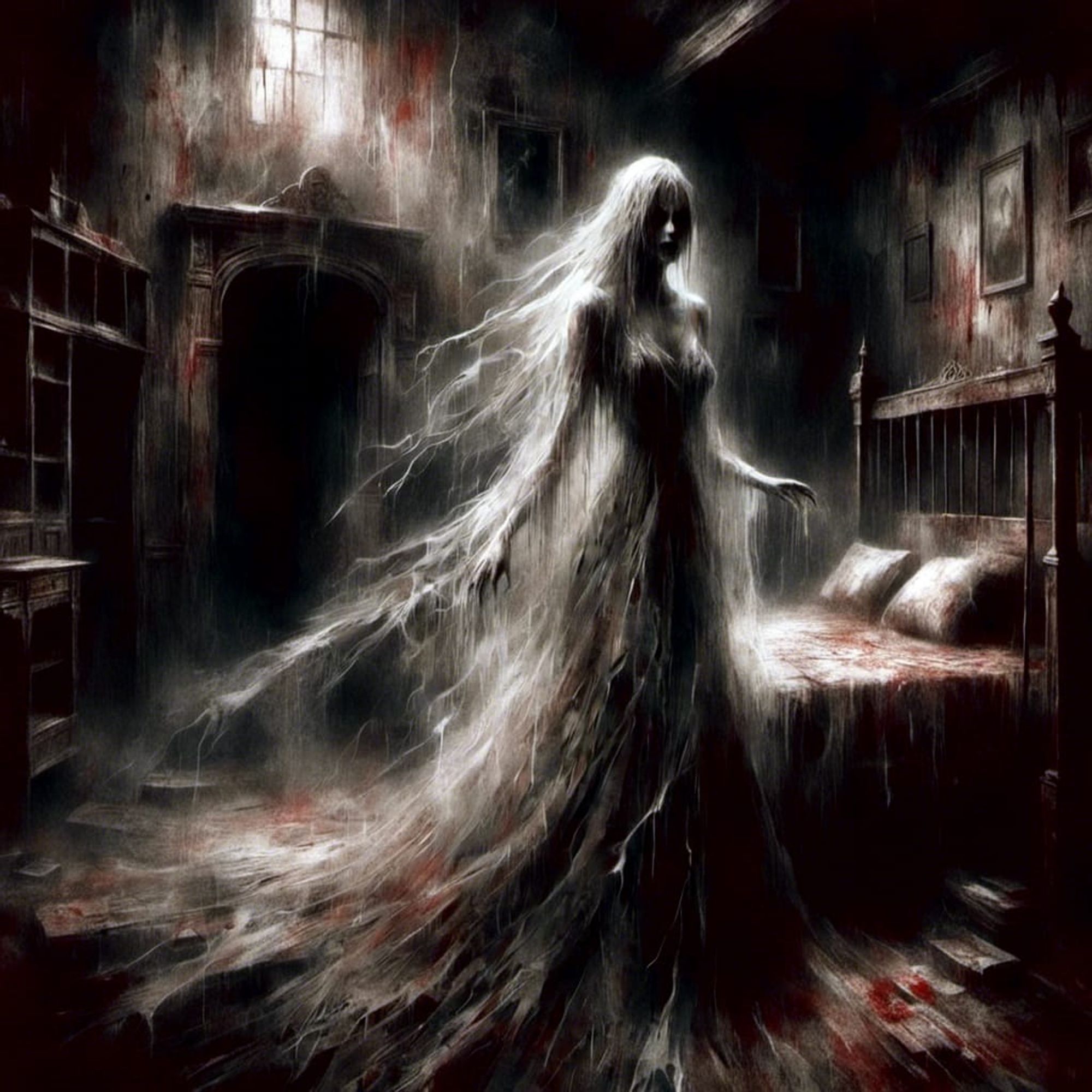 A ghostly female spirit is haunting her bedroom.