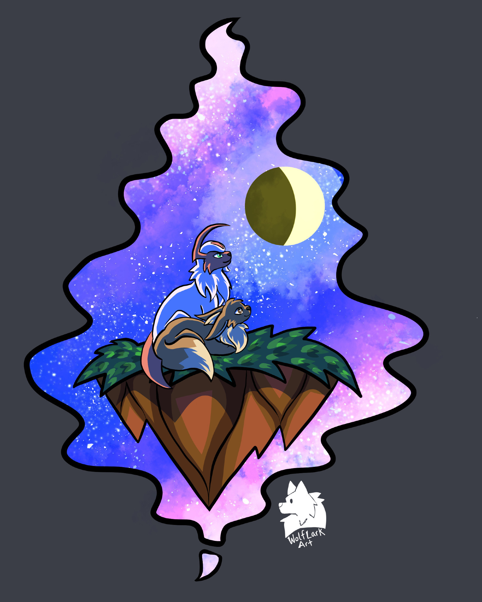 A digital drawing of a shiny Absol and an Eevee sitting side by side on a floating piece of land. They are looking up to the right at a crescent moon. They are in front of a backdrop of a blue and purple galaxy.