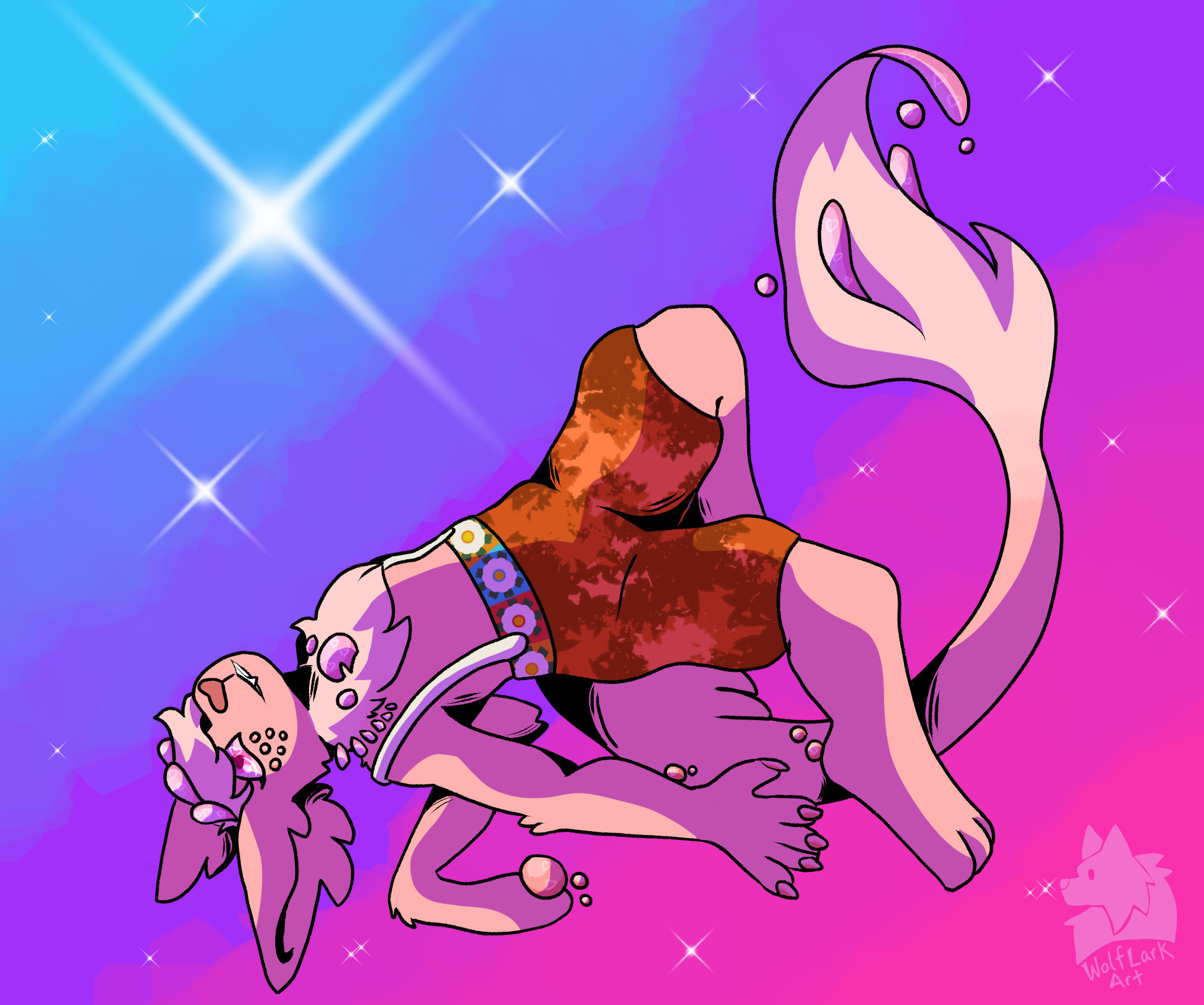 A digital drawing of a pink feline with a long tail and wing nubs floating in a pink, blue, and purple void. He is looking upwards and smiling slightly