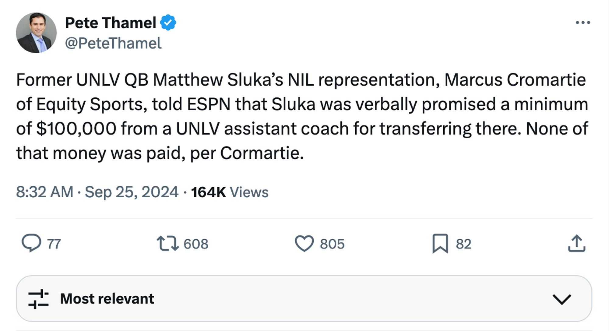 Former UNLV QB Matthew Sluka' NIL representation, Marcus Cromartie of Equity Sports, told ESPN that Sluka was verbally promised a minimum of $100,000 from a UNLV assistant coach for transferring there. None of that money was paid, per Cromartie.