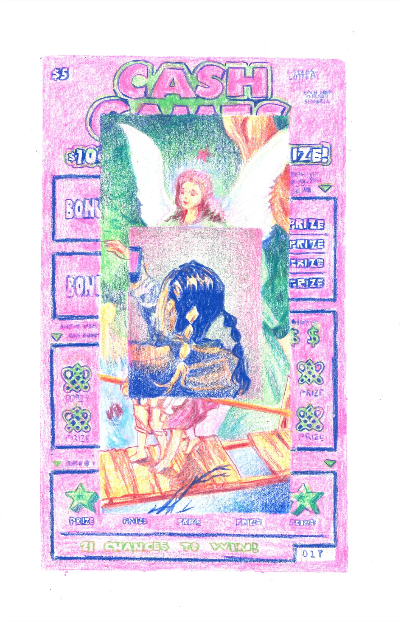 Colorful drawing of a selfie superimposed on a prayer card and scratch off lotto ticket