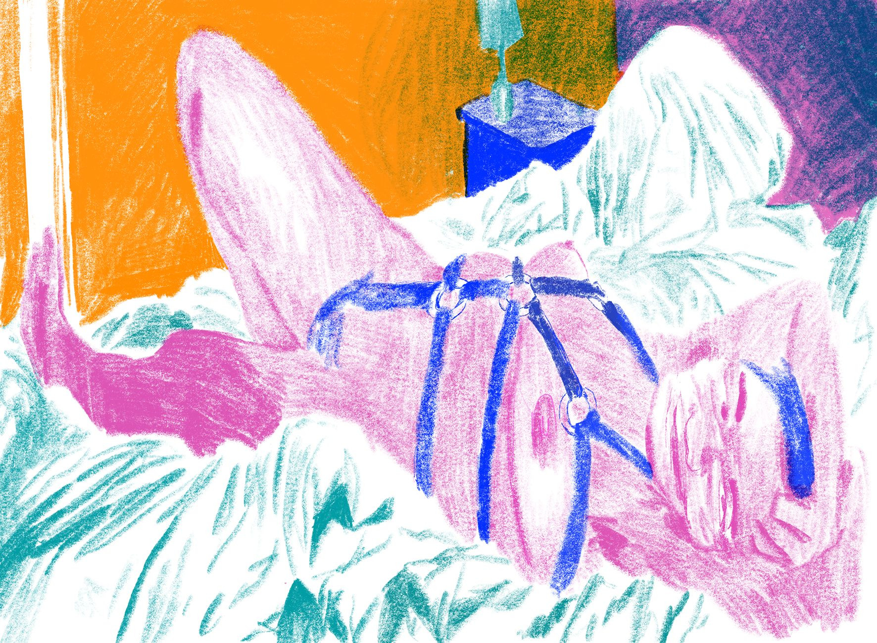 Colorful drawing of a person in leather harness outstretched in bed