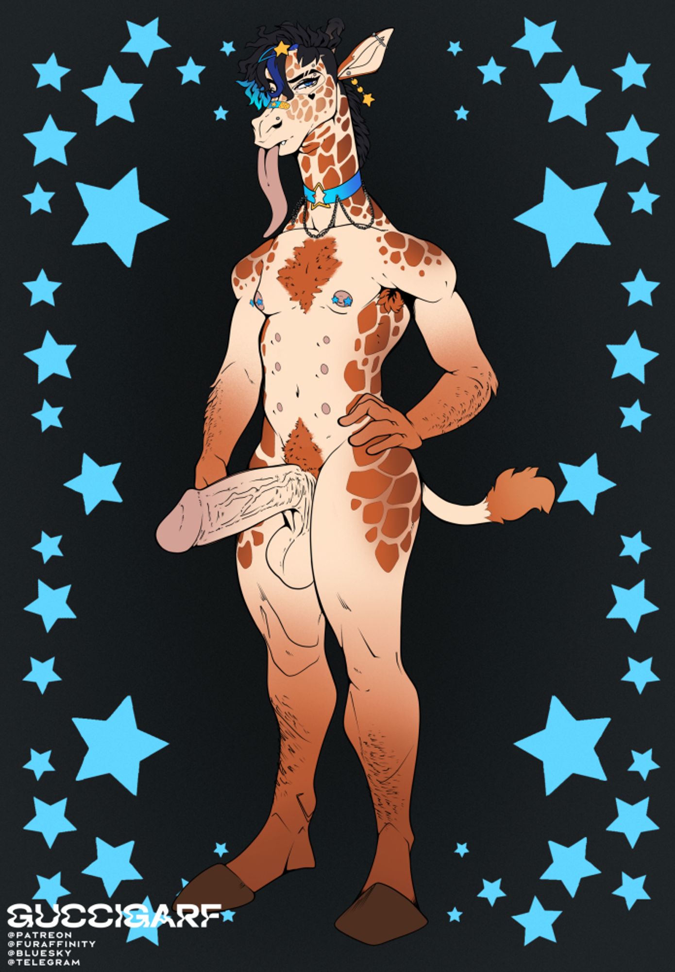 Tall nonbinary giraffe in a blue and yellow stars pastel goth fit. They have cute perky titties and a long, veiny cock.