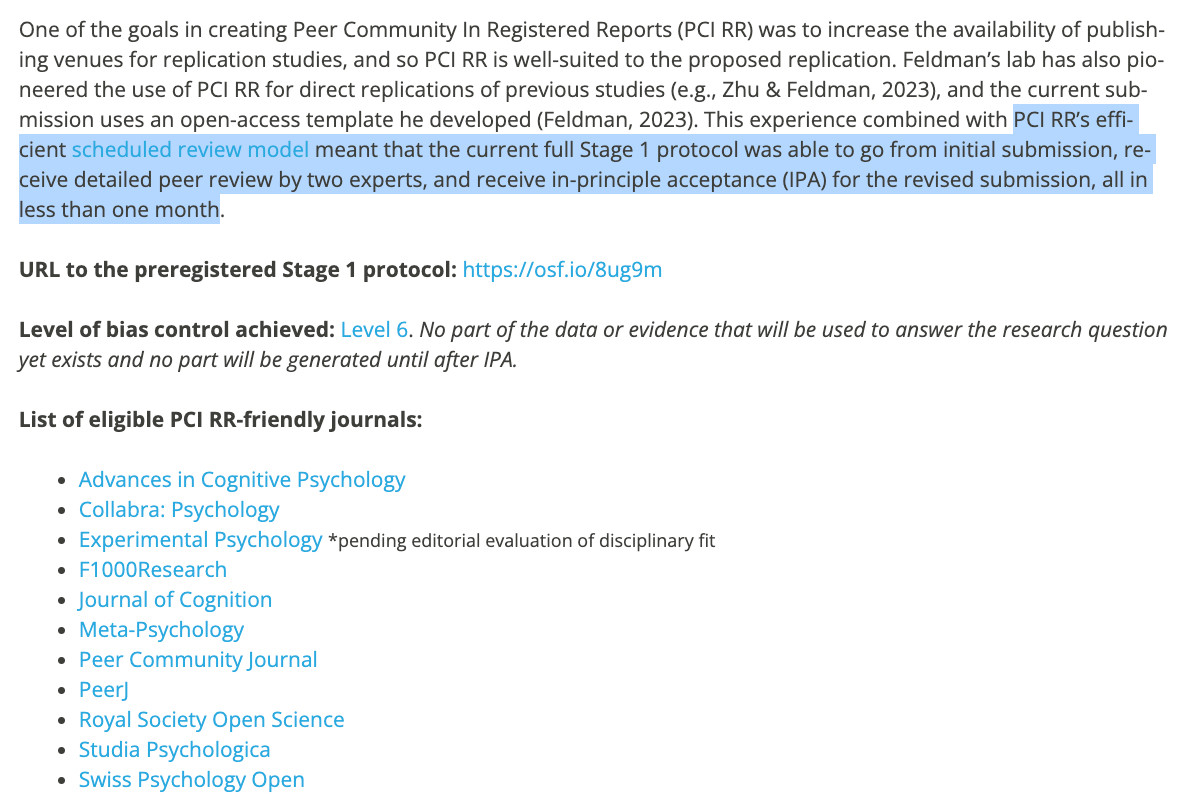 Screenshot of Recommendation, highlighting "PCI RR’s efficient scheduled review model meant that the current full Stage 1 protocol was able to go from initial submission, receive detailed peer review by two experts, and receive in-principle acceptance (IPA) for the revised submission, all in less than one month"