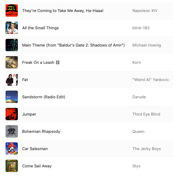 screenshot of an apple music playlist:

1. They're Coming to Take Me Away, Ha-Haaa! - Napoleon XIV
2. All the Small Things - blink-182
3. Main Theme from Baldur's Gate 2: Shadows of Amn - Michael Hoenig
4. Freak On a Leash - Korn
5. Fat - Weird Al
6. Sandstorm (Radio Edit) - Darude
7. Jumper - Third Eye Blind
8. Bohemian Rhapsody - Queen
9. Car Salesman - The Jerky Boys
10. Come Sail Away - Styx