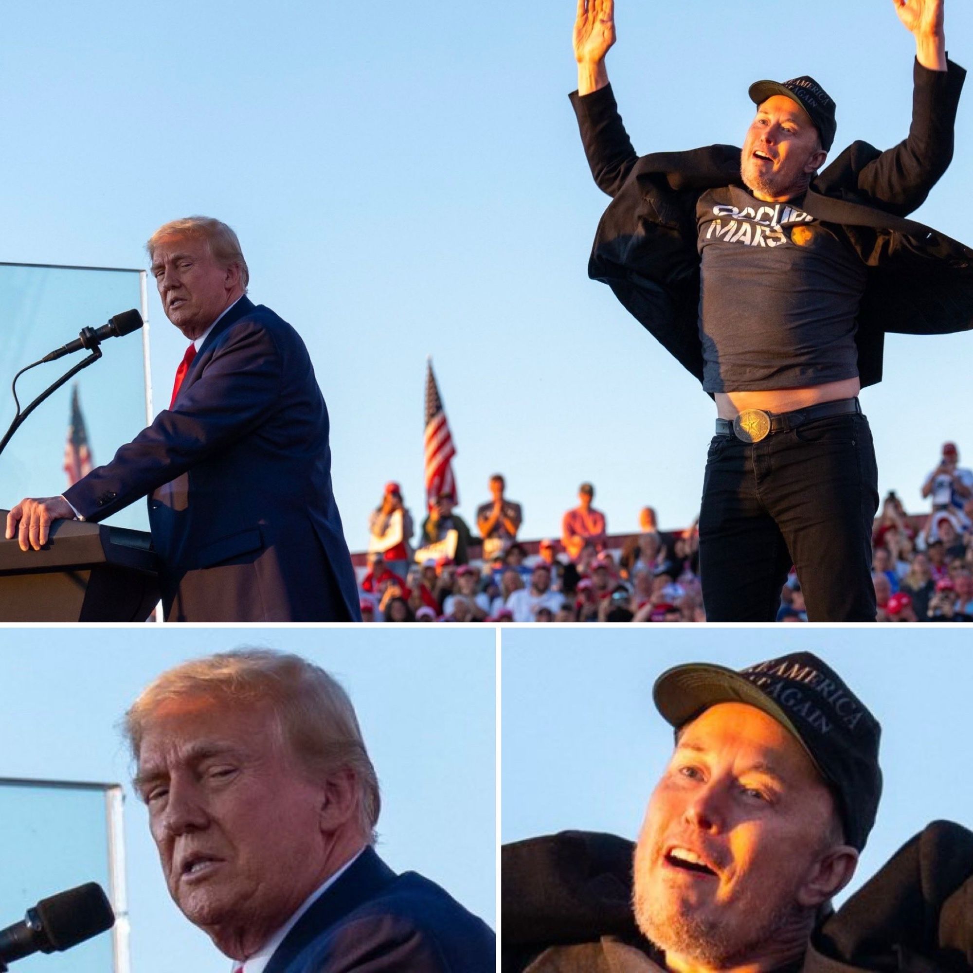 a triptych: trump speaks at a rally while Elon musk jumps up in the air, exposing his belly. Inset: trump casting a glance behind him toward Elon making a disgusted face, inset 2: Elon’s face, looking ketted out, shining in the sunset