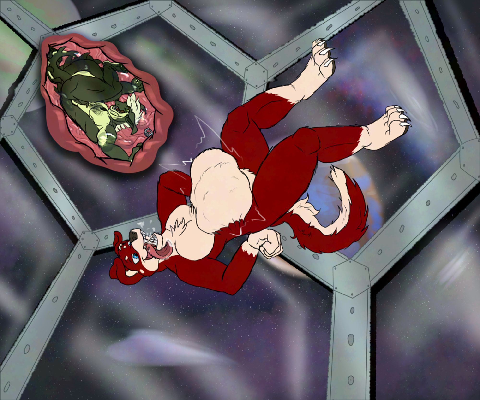 A canine floating in a space station with a vore belly;  an internal view of a reptile monster-like creature happily floating inside the canine's stomach.