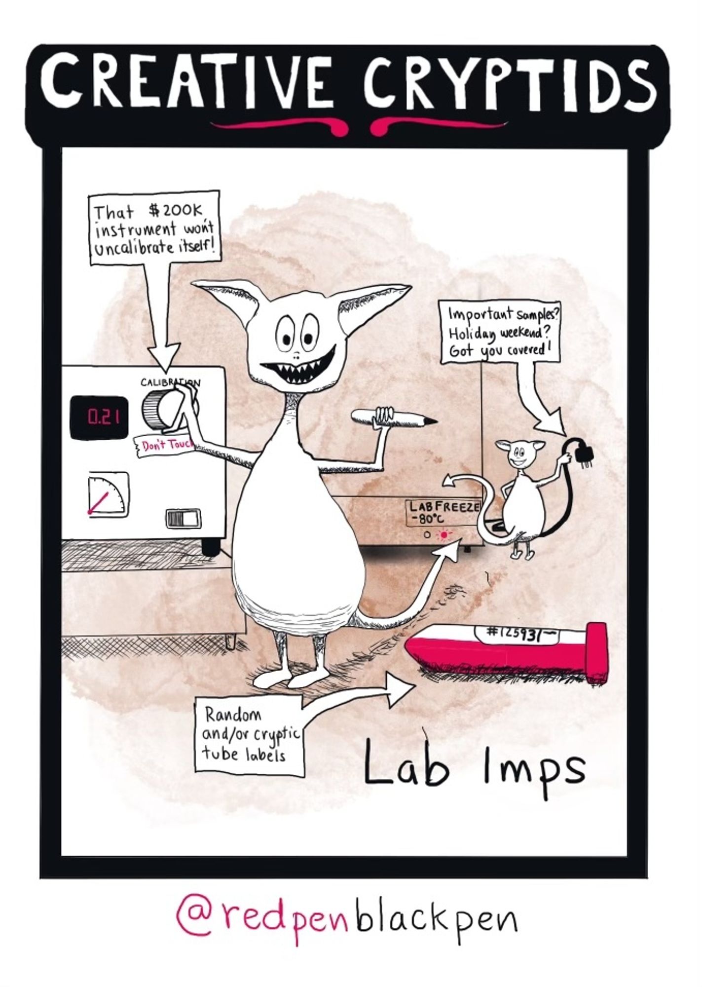 Cartoon with my #Inktober2024 Creative Cryptids theme. Titled, 'Lab Imps' it has two impish looking creatures in front of lab equipment. Boxes point saying "That $200K instrument won't uncalibrate itself!", "Important samples? Holiday weekend? Got you covered!" - the imp is holding the plug from a -80° C lab freezer - and "Random and/or cryptic tube labels"