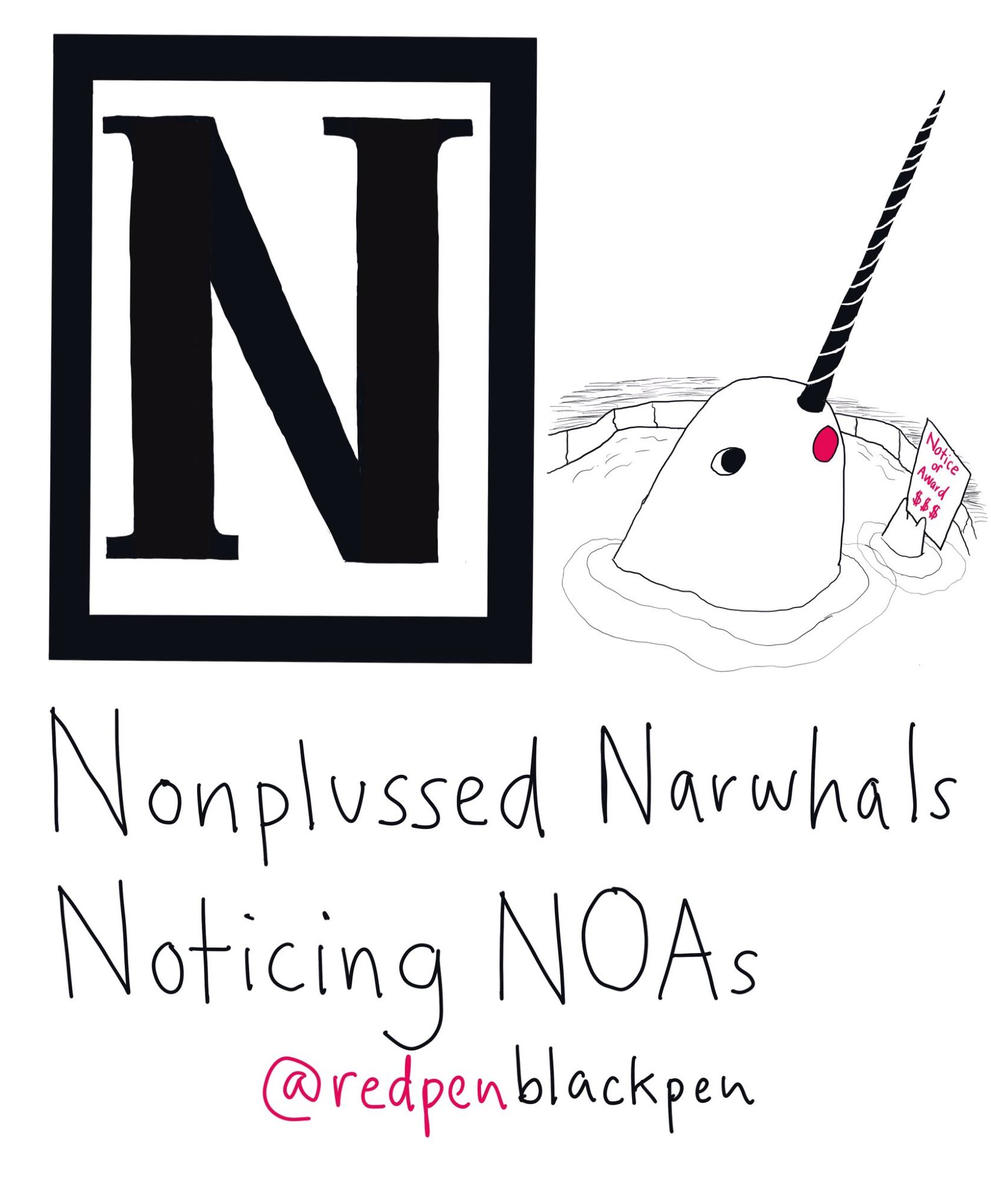 Alphabet page for N in cartoon style. A narwhal pops through a hole in the ice looking surprised at a 'Notice of Award $$$' paper.