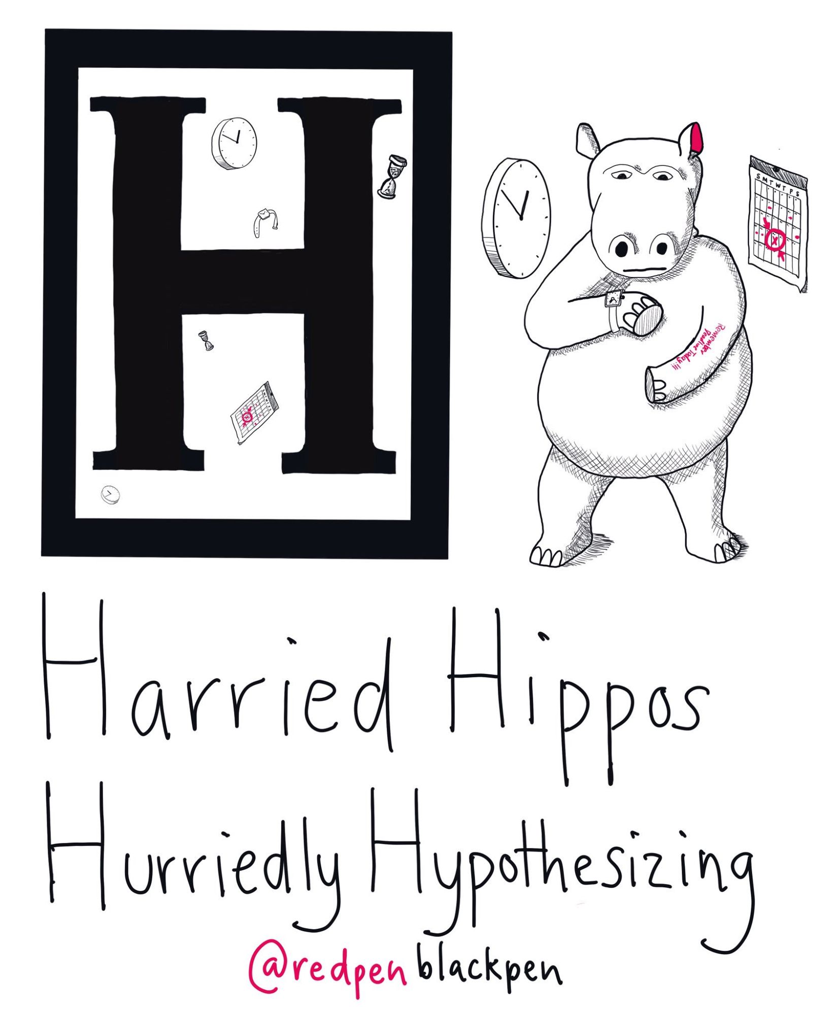 Cartoon alphabet page for "H" with a hippo looking at a watch. The title is Harried Hippos Hurriedly Hypothesizing. From my #AcademicAlphabet #inktober project in 2019.