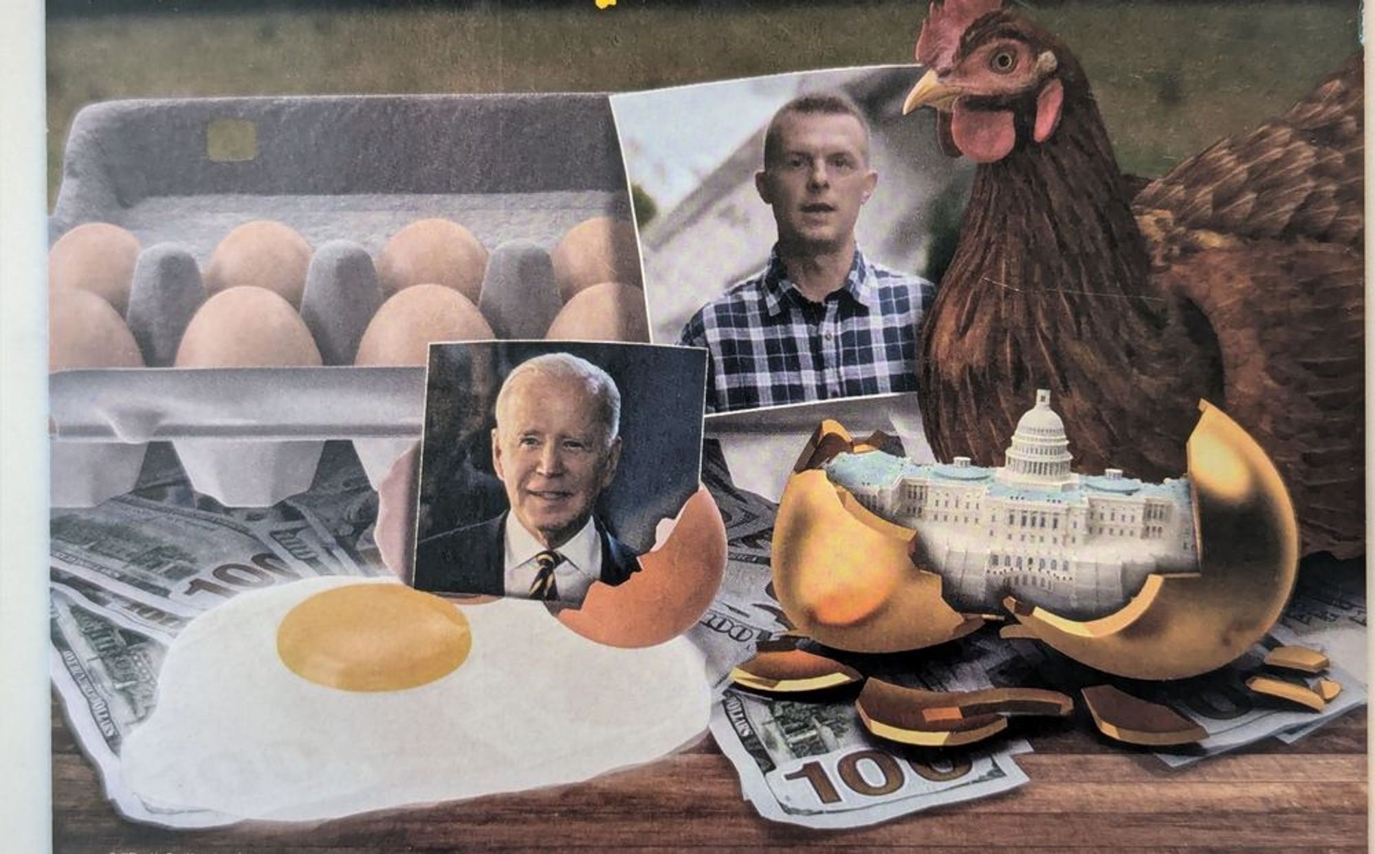 The previous bounty is augmented by gold coins and a golden egg spawning a miniature of the US Capitol. A photo of Joe Biden has arrived along with a chicken doing a dumb chicken stare at you.