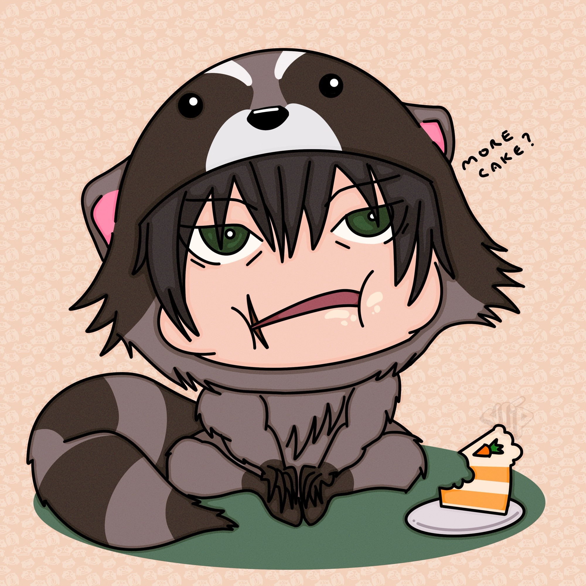 chibi raccoon mascot toji eating cake