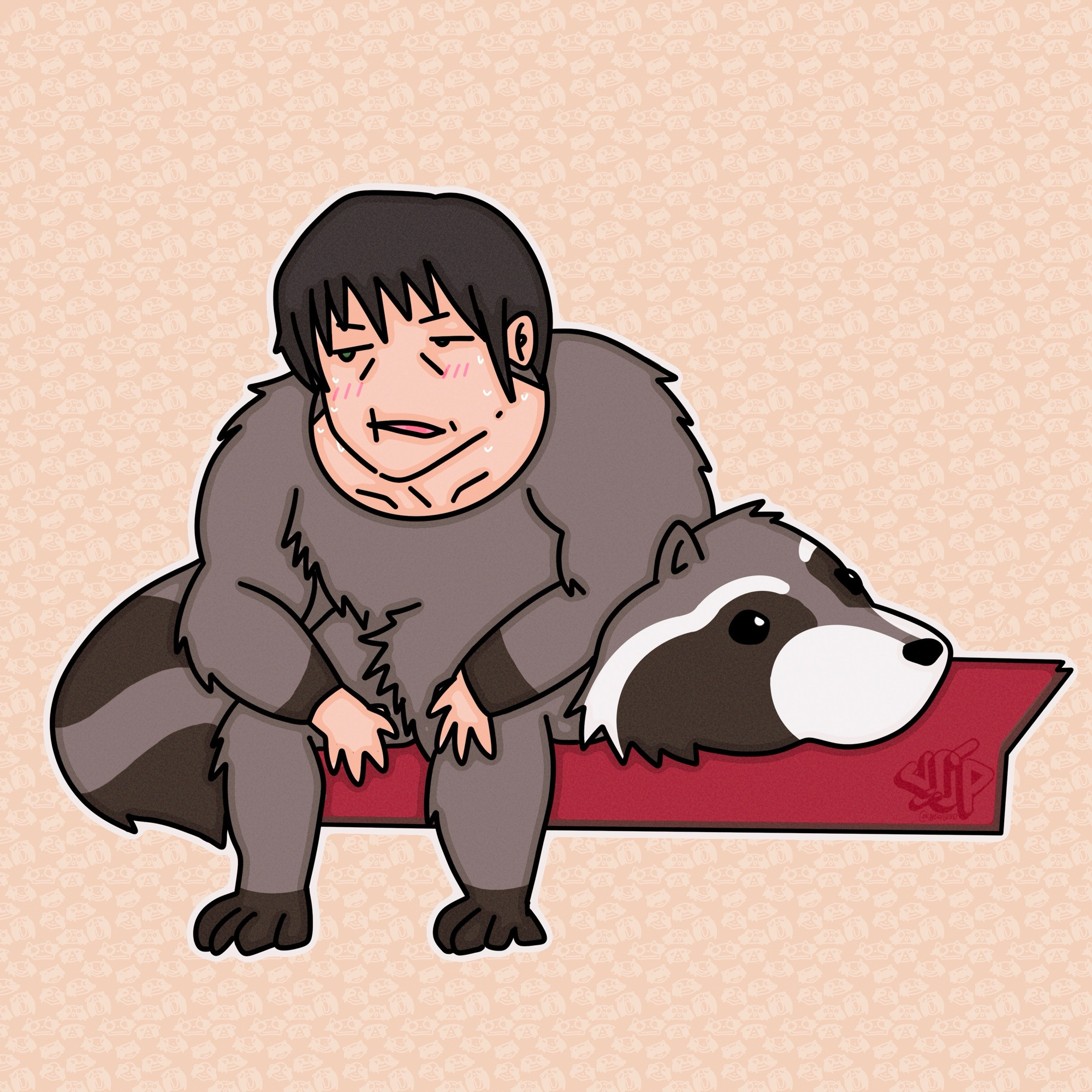 toji as a raccoon mascot resting on a bench