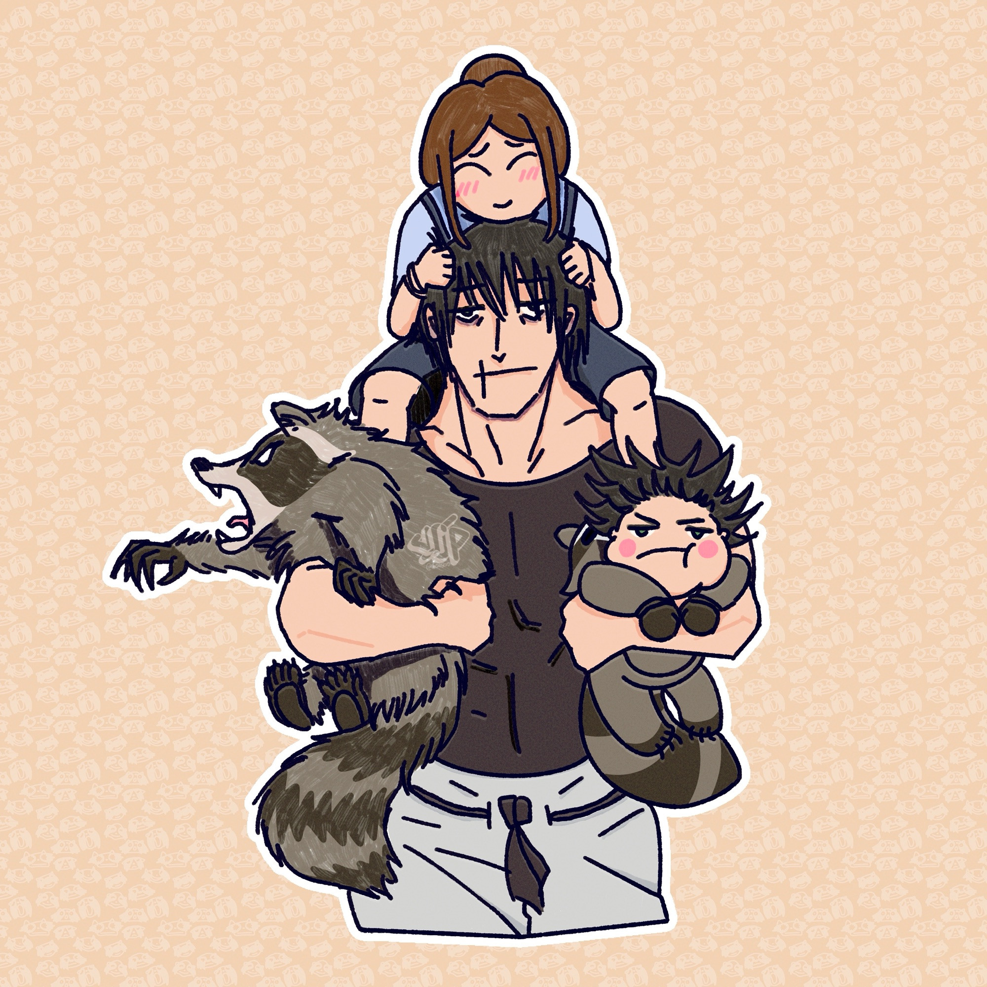 toji carrying a raccoon, tsumiki, and a baby megumi in a raccoon suit