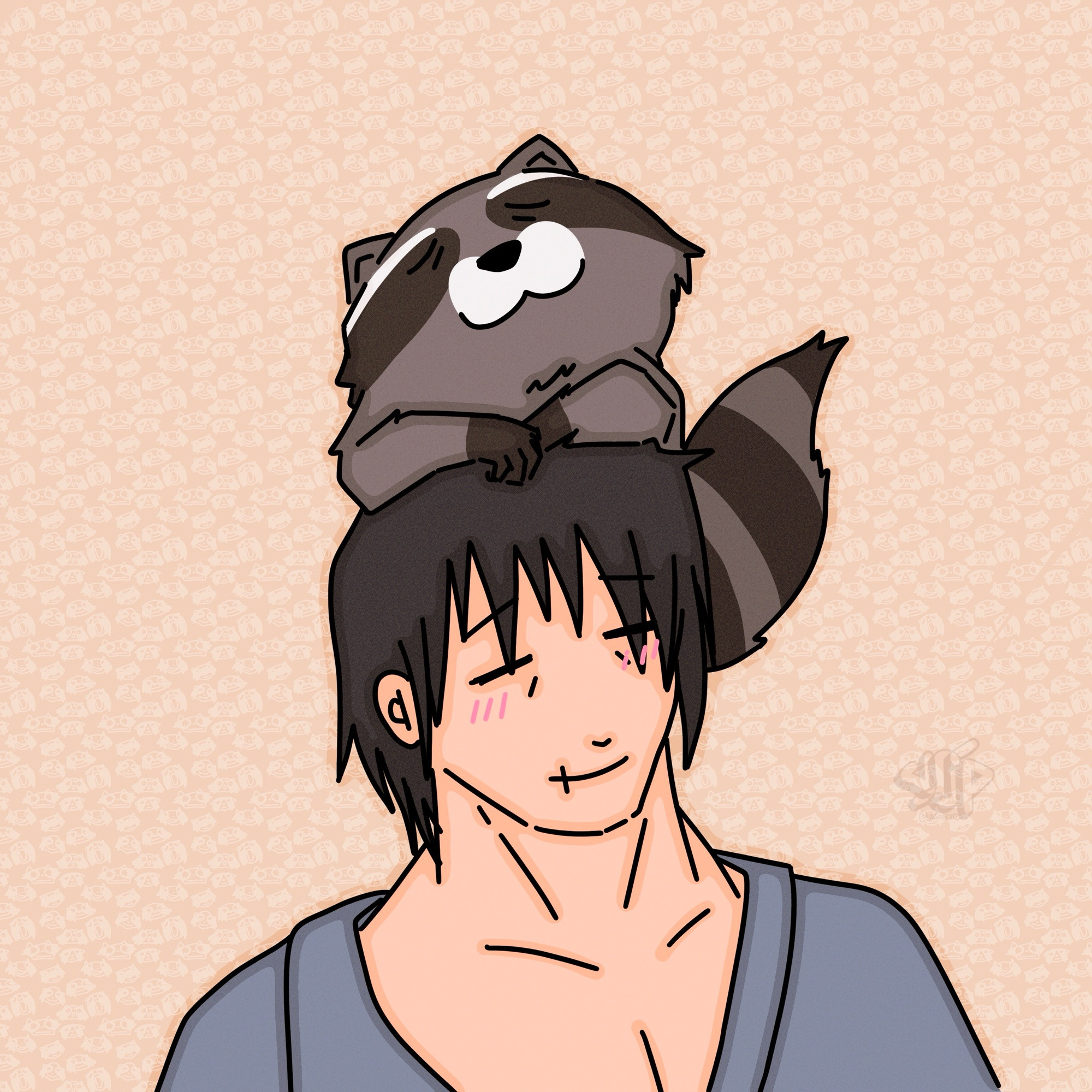 toji with a raccoon on his head