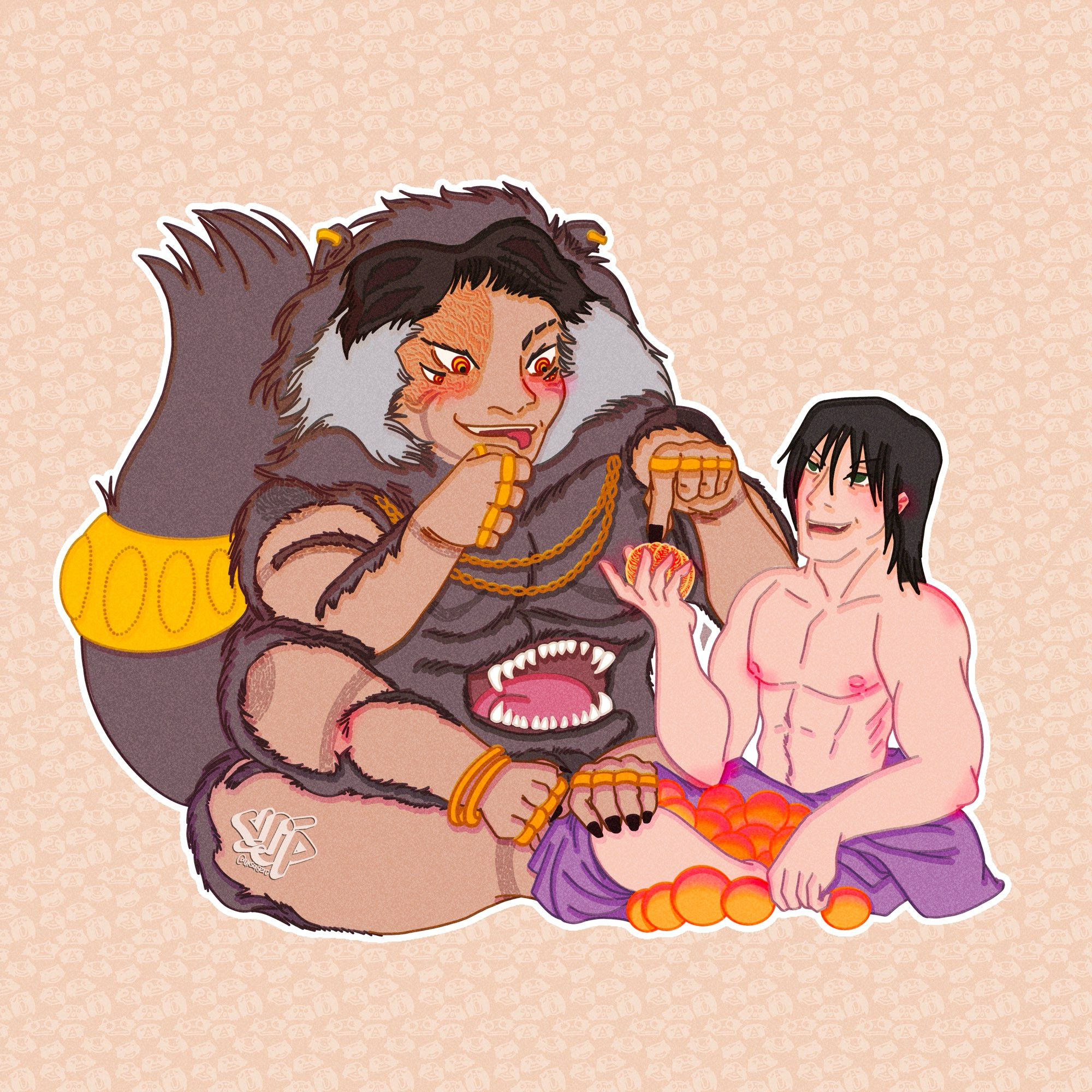 raccoon god sukuna picking out a slice of fruit from worshipper toji’s hand. toji has bunch of fruits in his lap. 