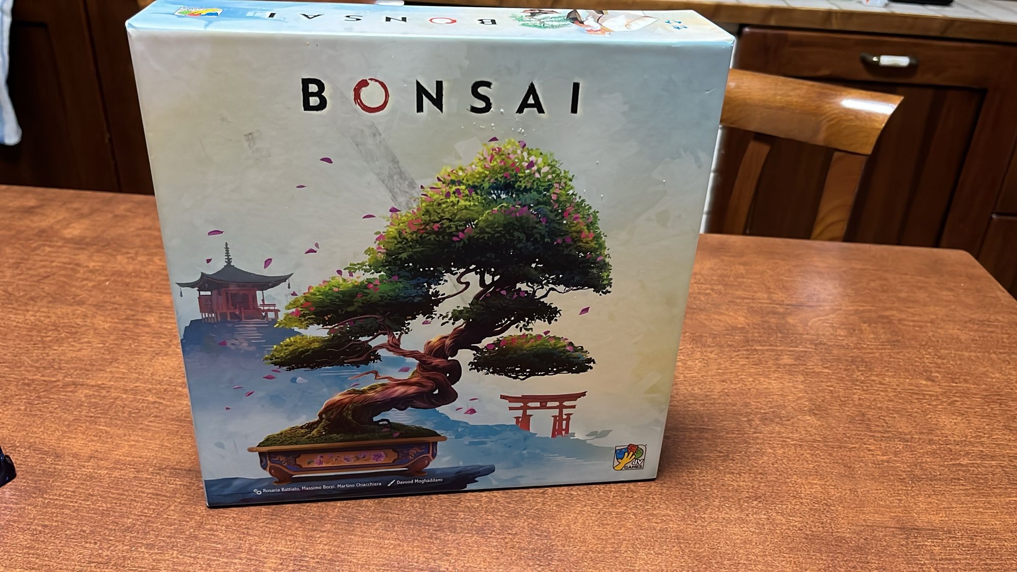 Box of the boardgame Bonsai, with a beautiful tree in the front and and a temple and a gate in the background