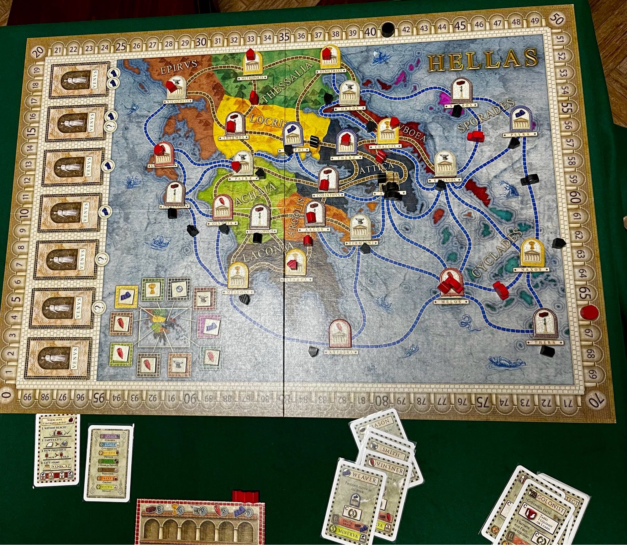 Concordia with Hellas board, some cards, a smaller warehouse board and some wooden tokens