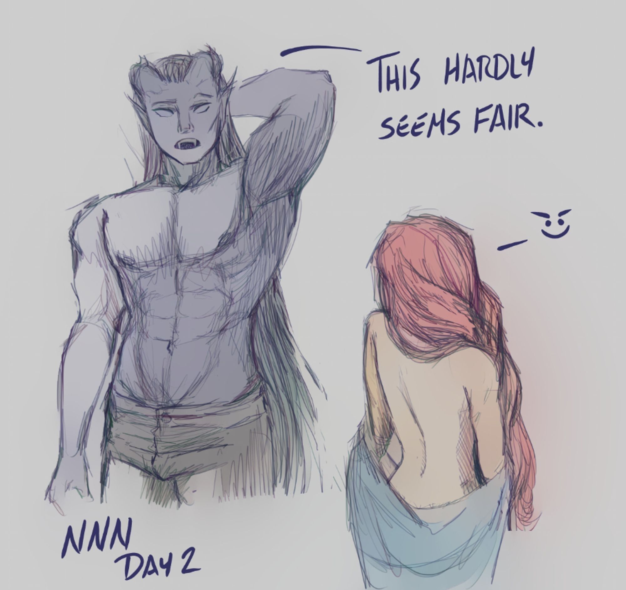 Jas scratching his head and staring down at Luka, whose back is to the viewer. She is holding a sheet loosely around herself, with the implication that her bare breasts are on display for Jas. He comments, "This hardly seems fair."