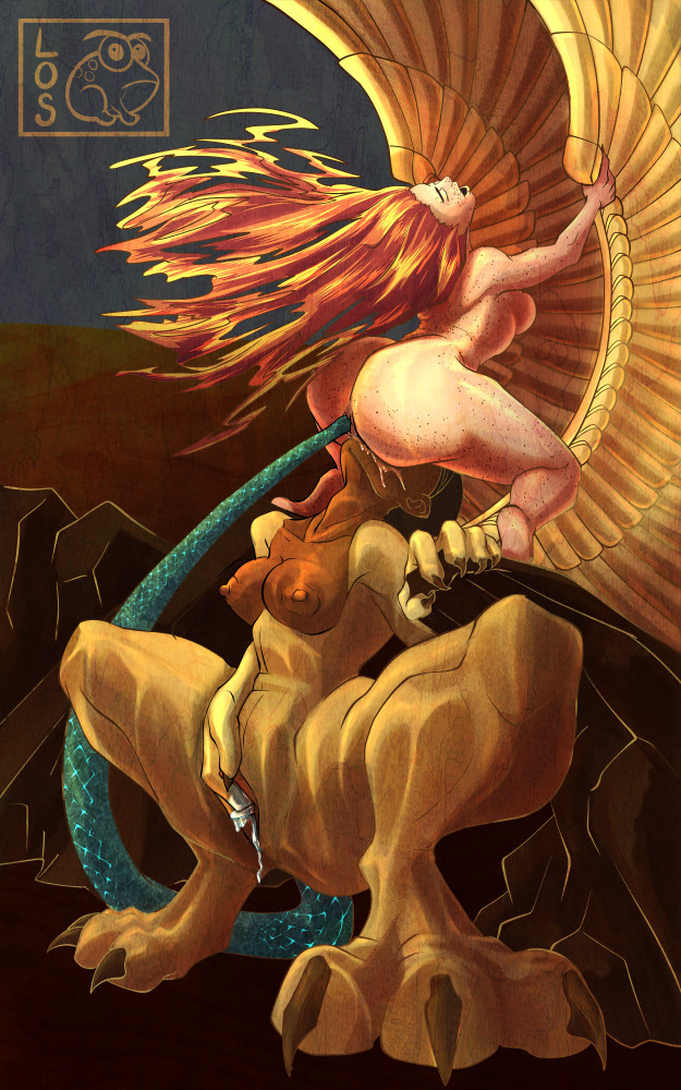 Luka face-sitting a sphinx, bracing her hands against its wings for purchase. The sphinx's tail is fucking her ass while the sphinx plays with her own clit.