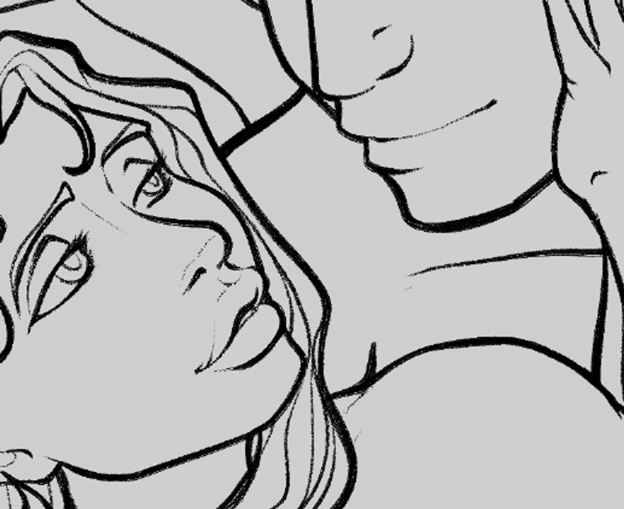 Inked WIP of Luka and Jas looking at each other with smug expressions