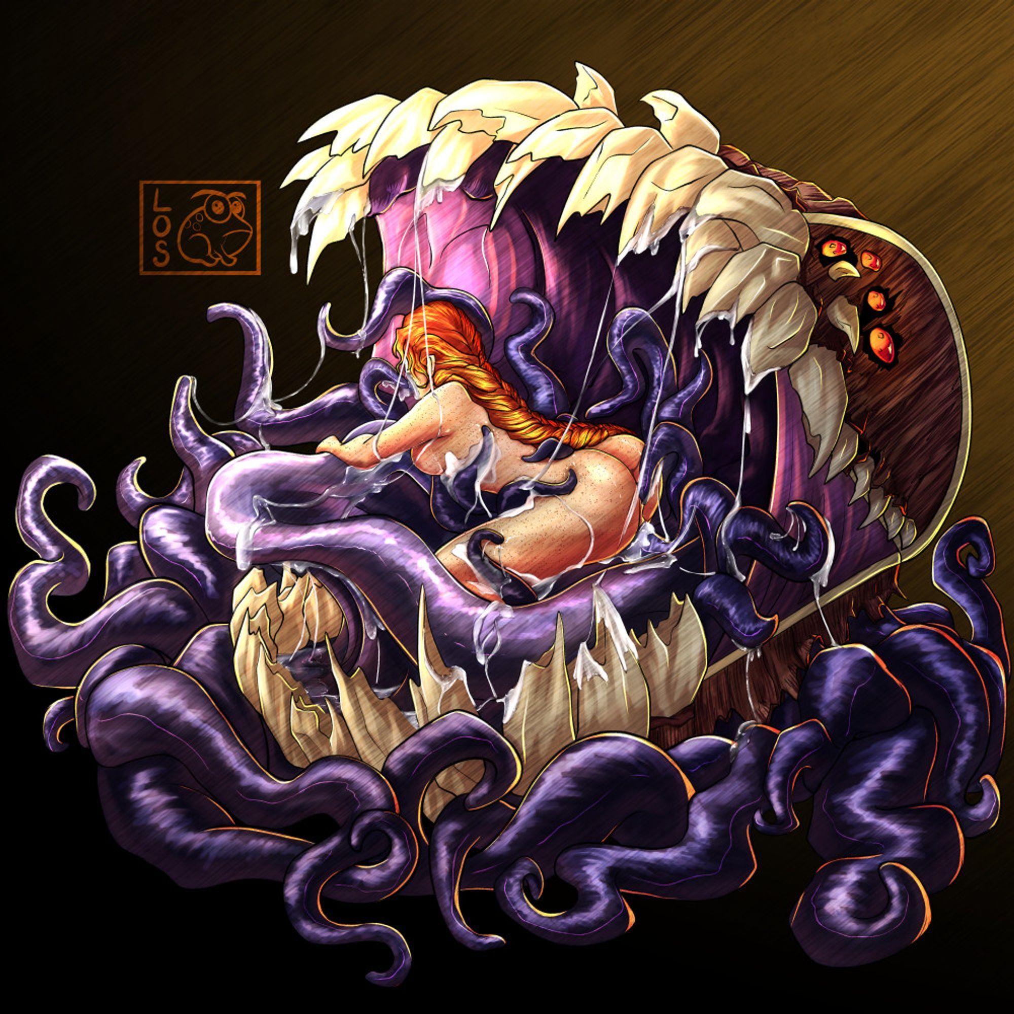 Luka bent over and being fucked by a mimic with many tentacles and eyes