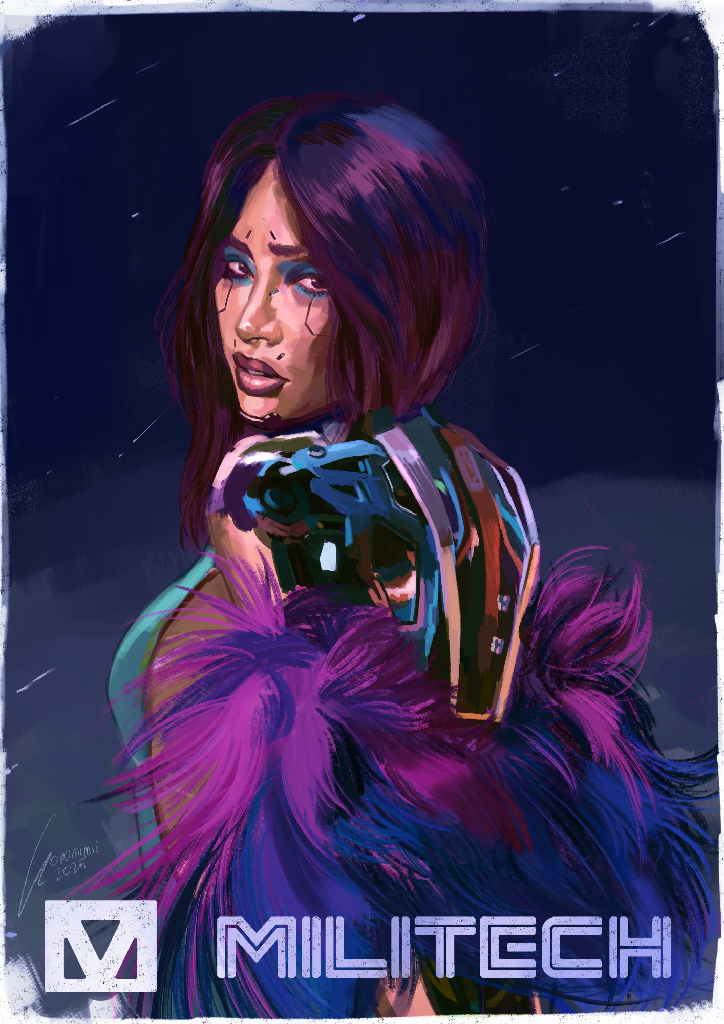 portrait of Song So Mi (songbird) from Cyberpunk2077, looking worried at the viewer, showing her back chrome in the parade outfit, Militech logo is showing on the bottom 