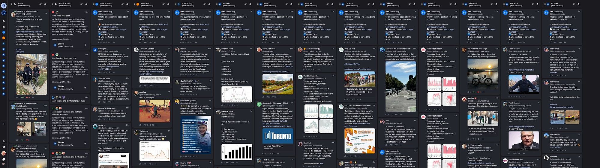 a screenshot of deck.blue running all of bike.community's 12 bike feeds