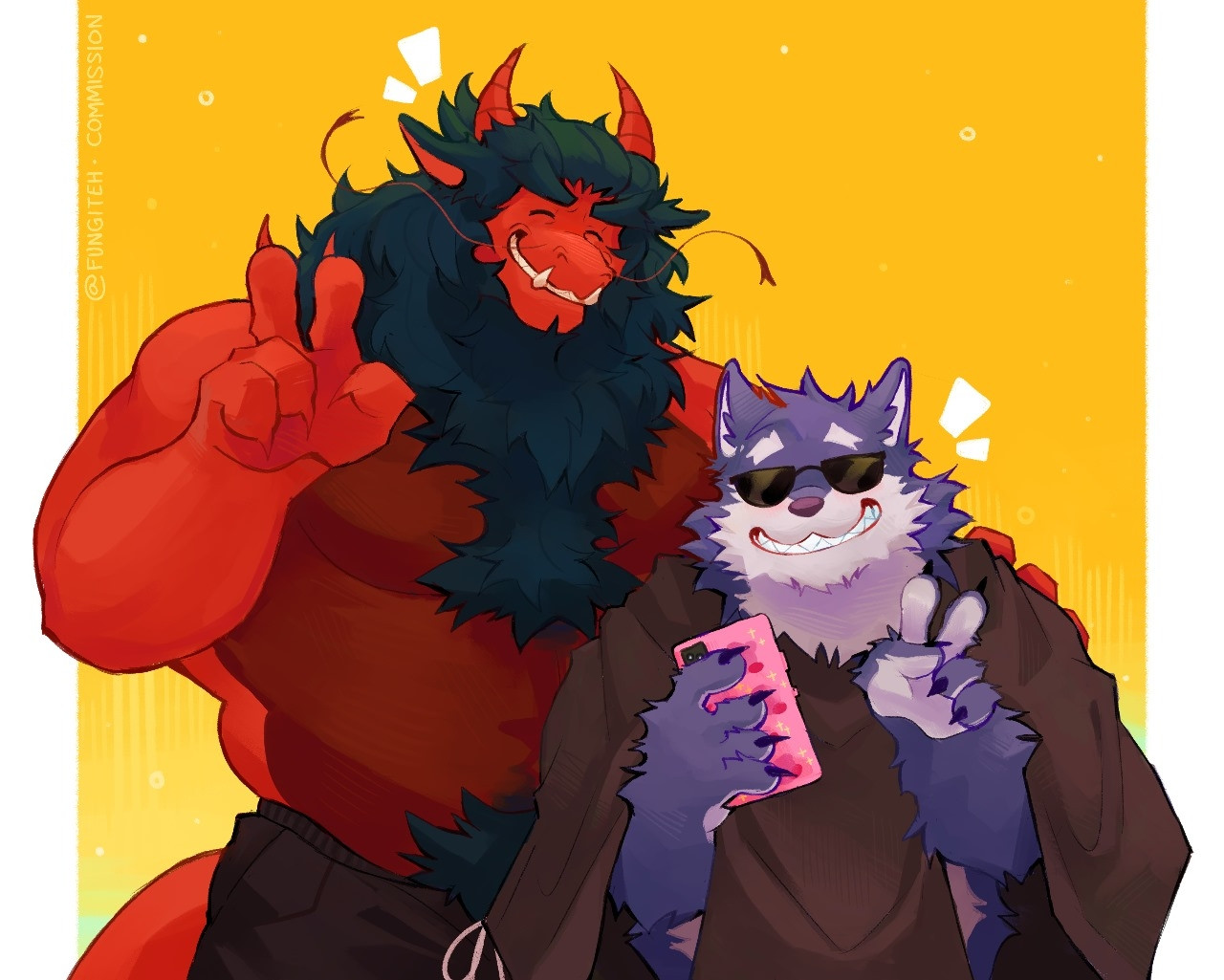 a dragon and a dog taking a picture while doing peace signs