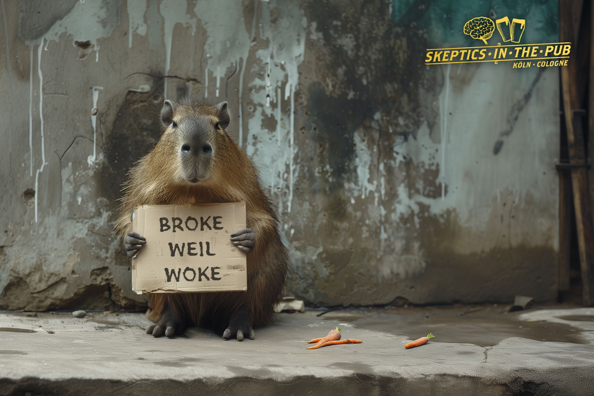 Ein ausgehungertes Capybara hält ein Pappschild hoch: "BROKE WEIL WOKE". Es lebt auf der Straße und hat seit Tagen nur alte Möhren gegessen.