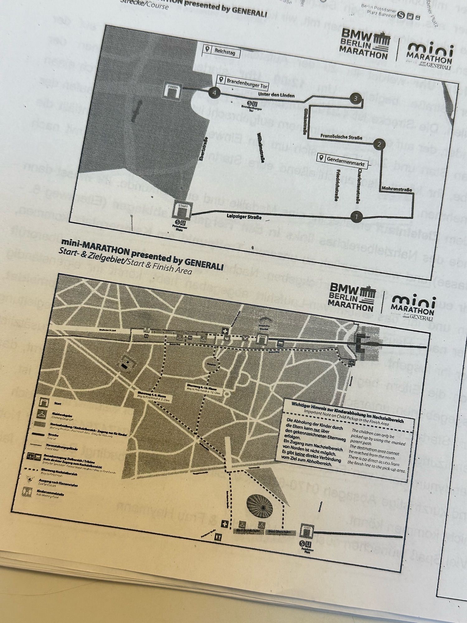 Kopie eines Infozettels mit dem Streckenplan und dem Zielbereich vom Mini-Marathon.