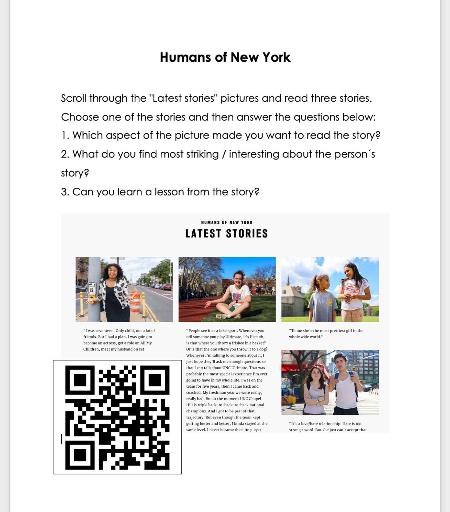 Aufgaben zu "Humans of New York" mit einem Screenshot der Seite und einem QR-Code.