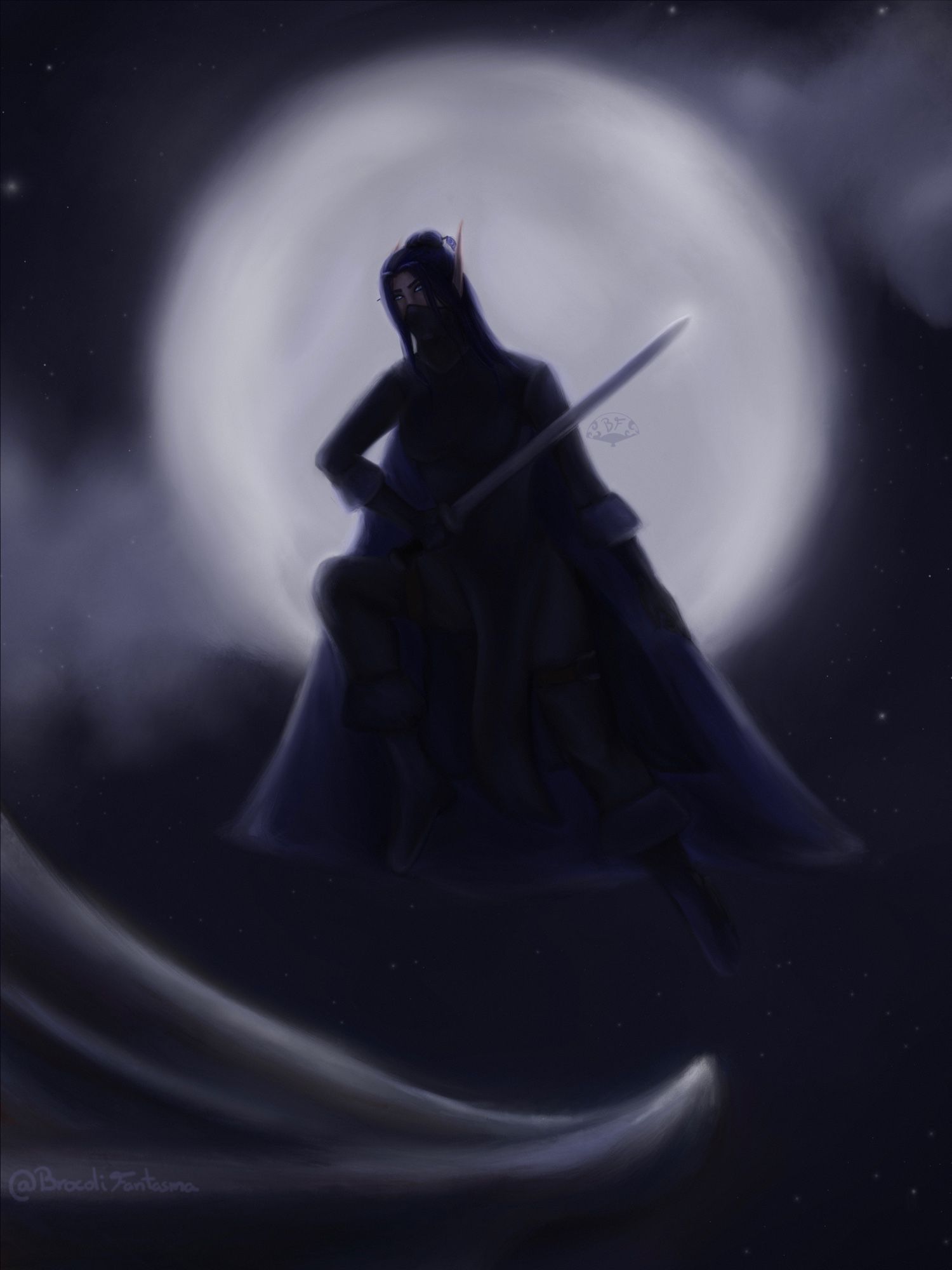 Drawing of a World of Warcraft OC elf in the middle of a full moon night.