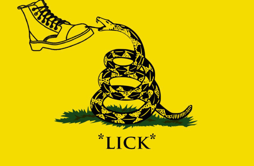 A parody of the "Don't Tread On Me" flag, featuring a snake licking a boot. Captioned "*LICK*".