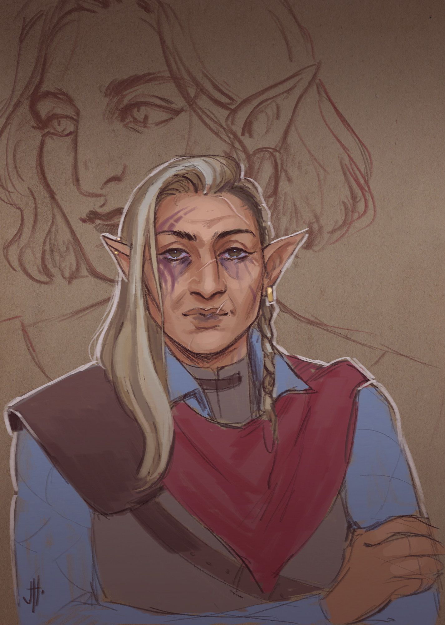 a digital portrait of my Dragon Age: origins character, Zaiya Tabris. she is an elven woman in her mid 40s with wrinkles and dark bags under her eyes, the taint from the Blight spreading through her body. she is facing front, looking directly ahead with a slight smile, arms folded with rigid posture. in the background a faint sketch of her in her youth, carefree and smiling.