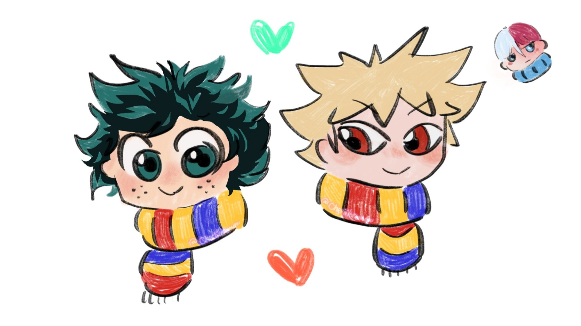 Deku and Kacchan wearing their All Might scarves, smiling (with a small Todoroki in the corner)
+ Ouran HSHC reference