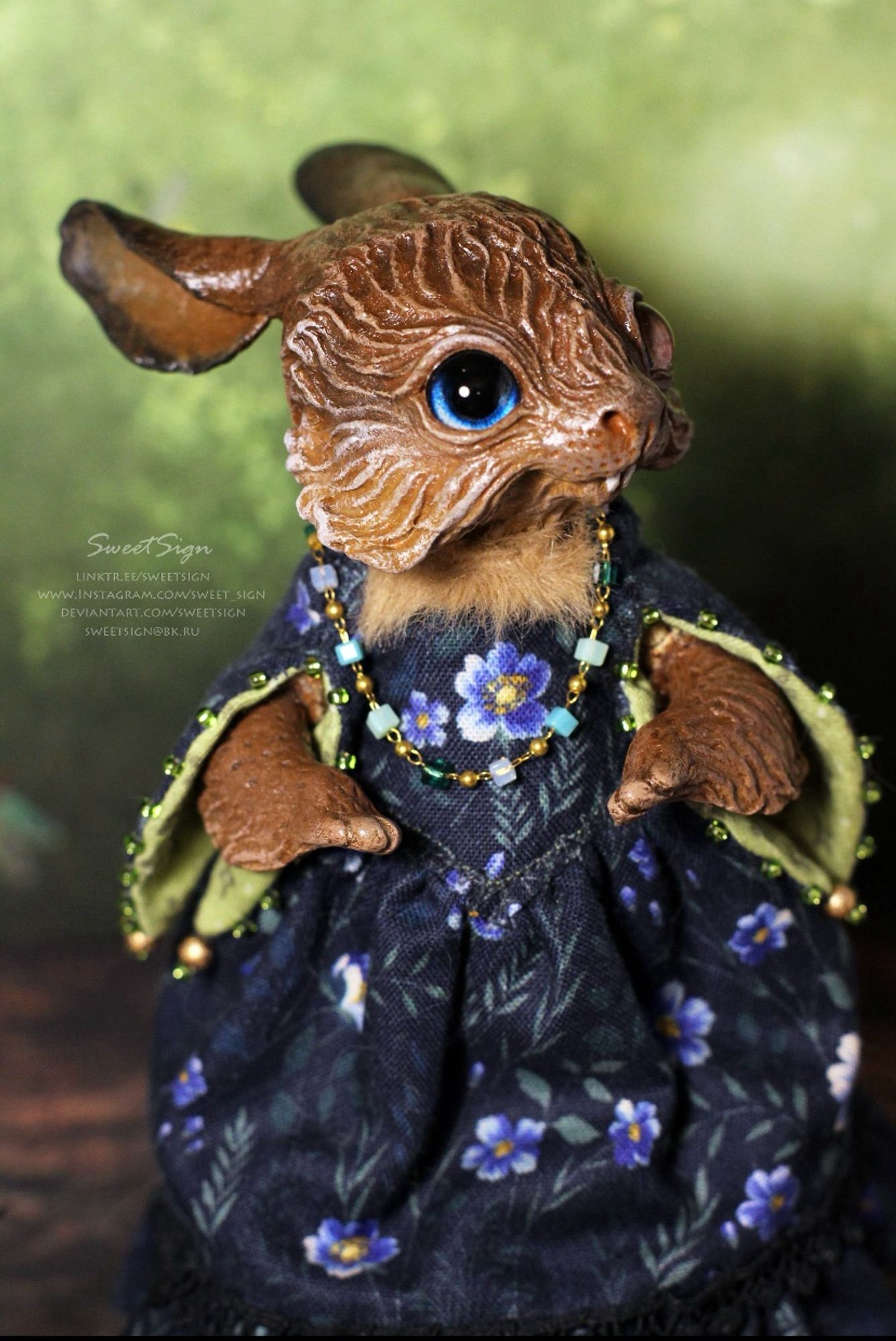 Brown rabbit the magician with blue eyes in navy and green toy outfit, OOAK handmade fantasy art doll by SweetSign