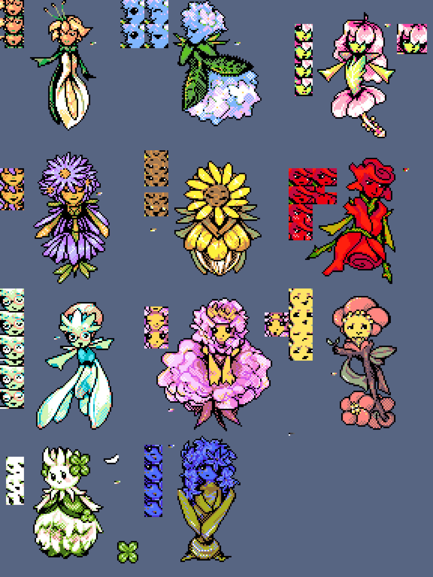 Art of fairy characters based on various flowers: peace lily, hydrangea, hibiscus, aster, sunflower, rose, snowdrop, peony, quince, clover, hyacinth. Each has an 8-color palette.