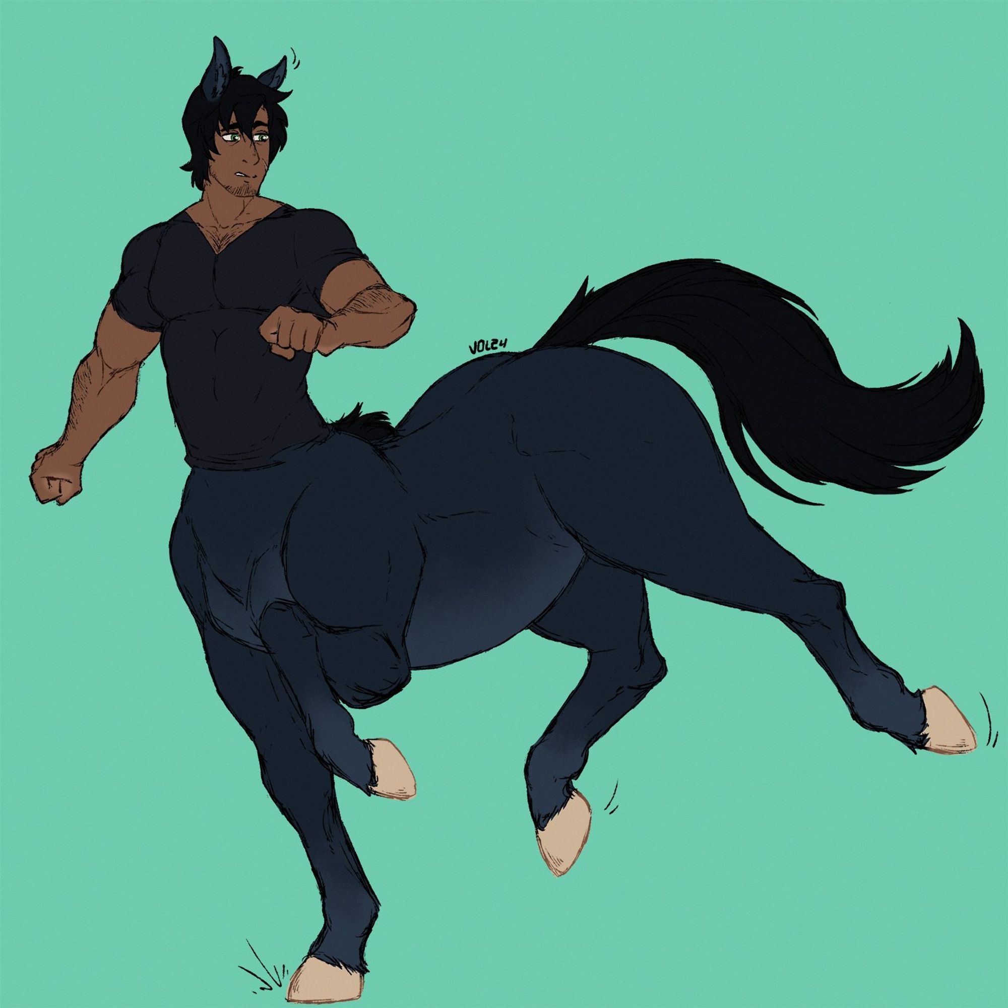 Ayrens as a centaur, the equine part is dark blue with white hooves, he has a pair of horse ears at the top of his head