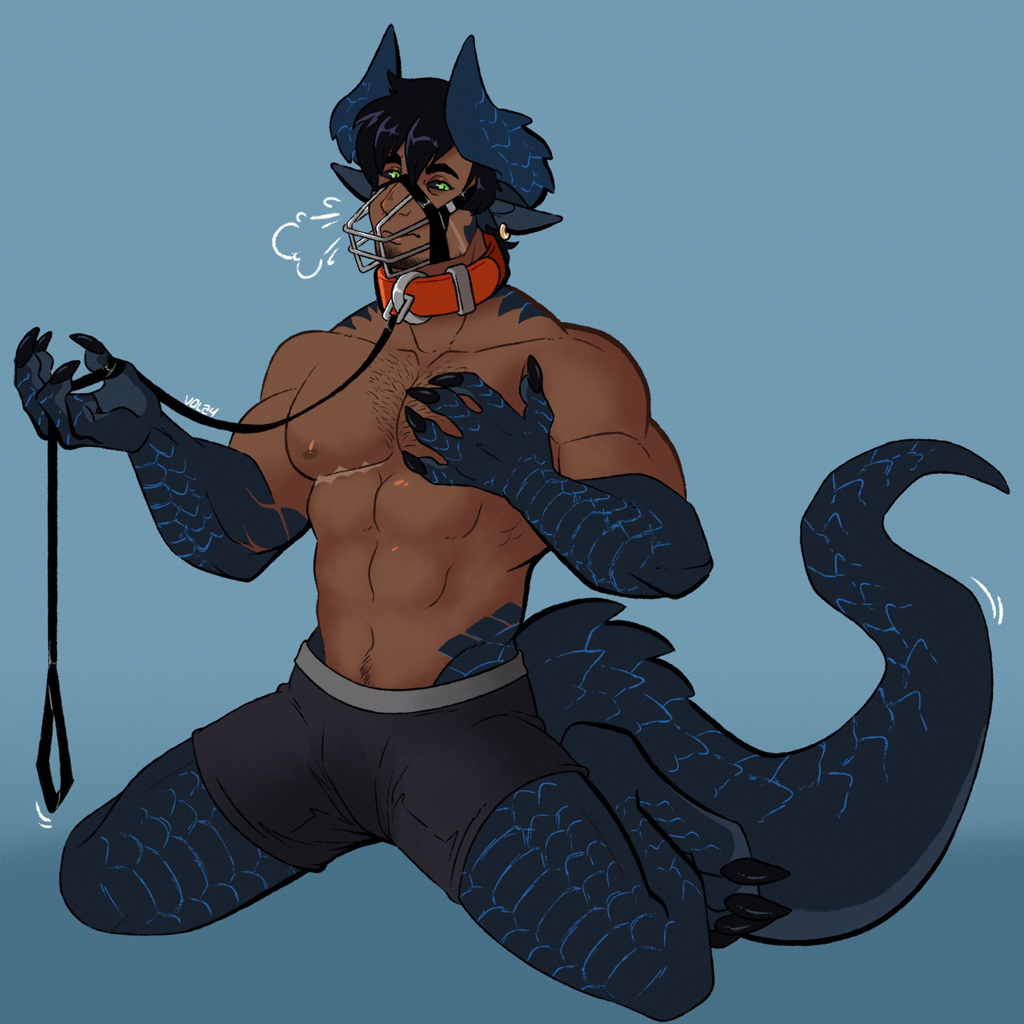 Ayrens between human and andthro dragon, arms and legs are covered entirely of dark blue scales, his big tail curves in the back. He has draconic horns and ears with patches of scales on his face/neck. He his muzzled with a big red collar around his neck holding a leash.