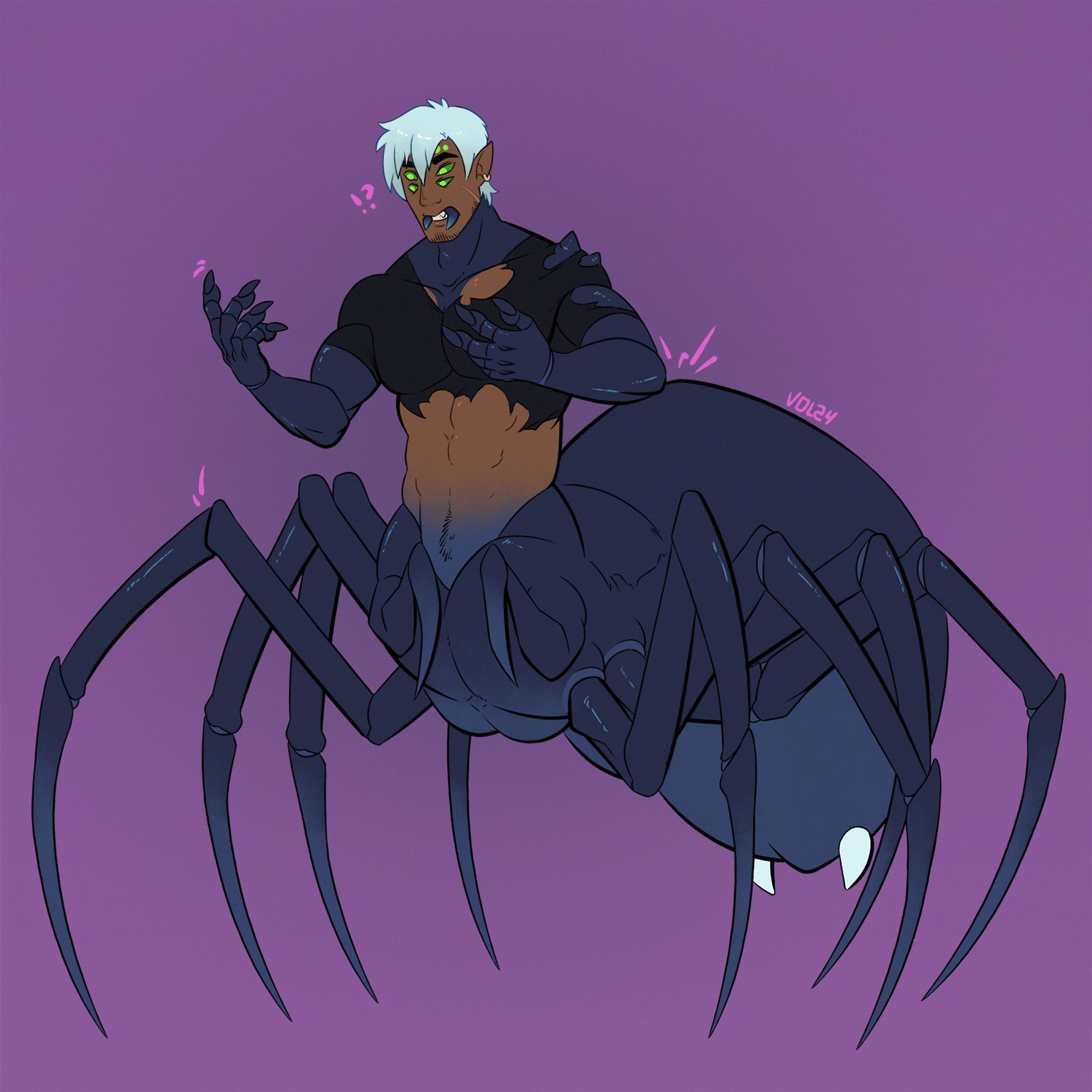 Ayrens but hes a "drider" hybrid humanoid upper body with white hair, multiple eyes, mandible and a dark blue arachnid torso for the lower part