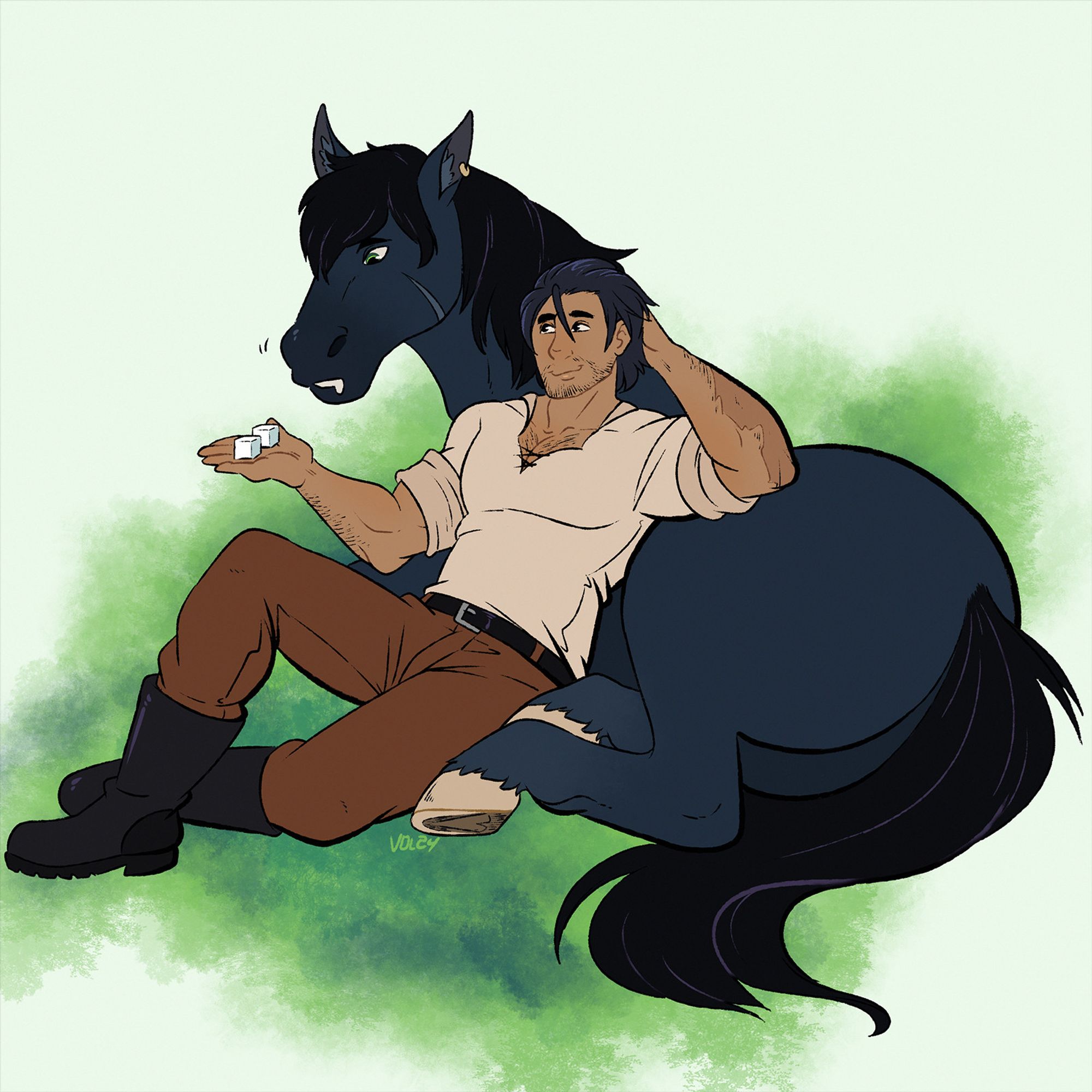 Ayrens as a horse drooling over some sugar cubes. a tall man in farming clothes with dark hair is holding them in his open palm.