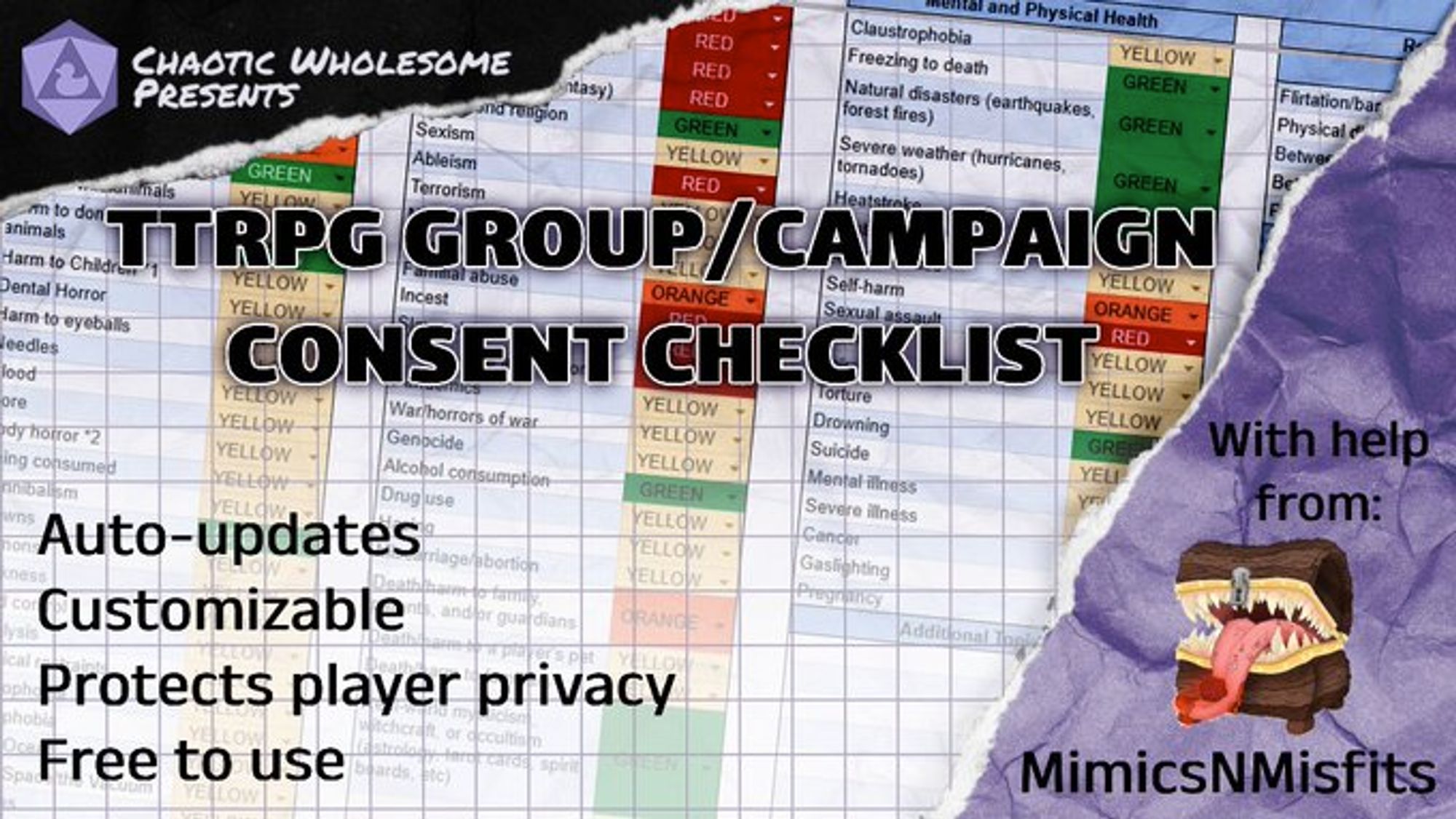 Chaotic Wholesome Presents TTRPG Group/Campaign Consent Checklist  Auto-updates Customizable Protects player privacy Free to use  With help from MimicsNMisfits  https://ko-fi.com/s/c3e1774324 https://www.patreon.com/posts/ttrpg-group-106377187